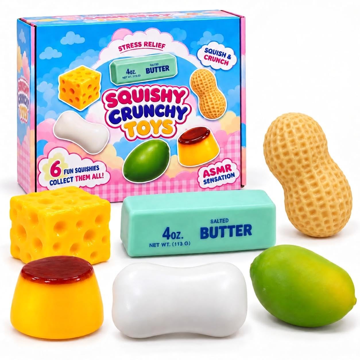 6PCS Crunchy Squishy Fun Box, Realistic Food Shaped ASMR Peanut Butter Squishy Set, Crunchy Squishies Squeeze Cheese for Stress Relief, Novelty Sensory Gift for Adults (C)