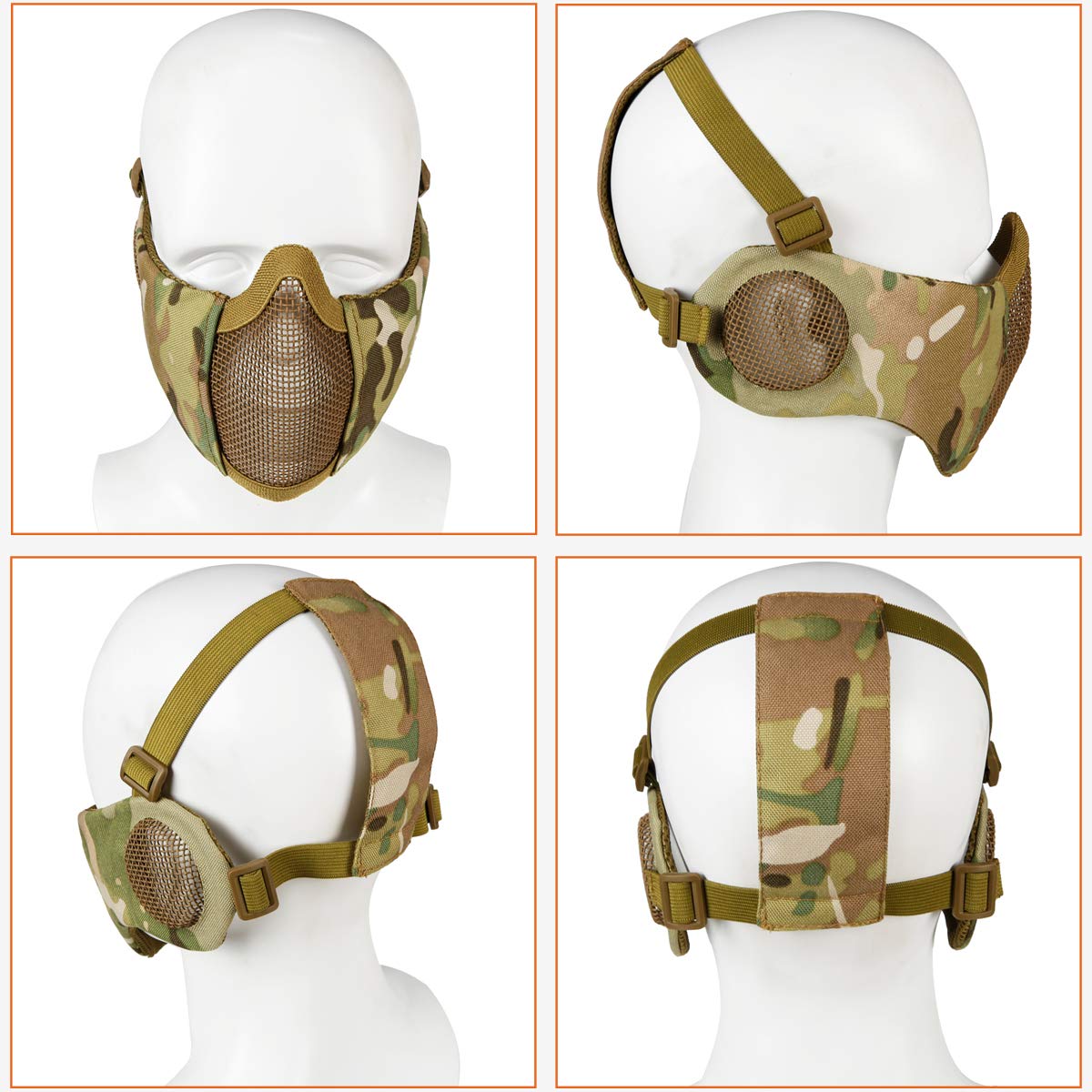 Maschera pieghevole per softair, maschera a mezzo viso in rete con protezione per le orecchie, per giochi di guerra Cs, pistola BB, caccia, paintball
