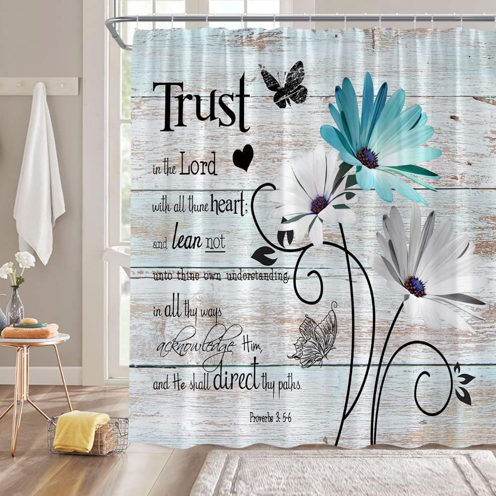 GCTNBJL Inspirational Quote Trust in The Lord Shower Curtain Black Gray Abstract Floral Modern Geometric Fashion Creative Bathroom Decor Fabric Curtain with Hooks