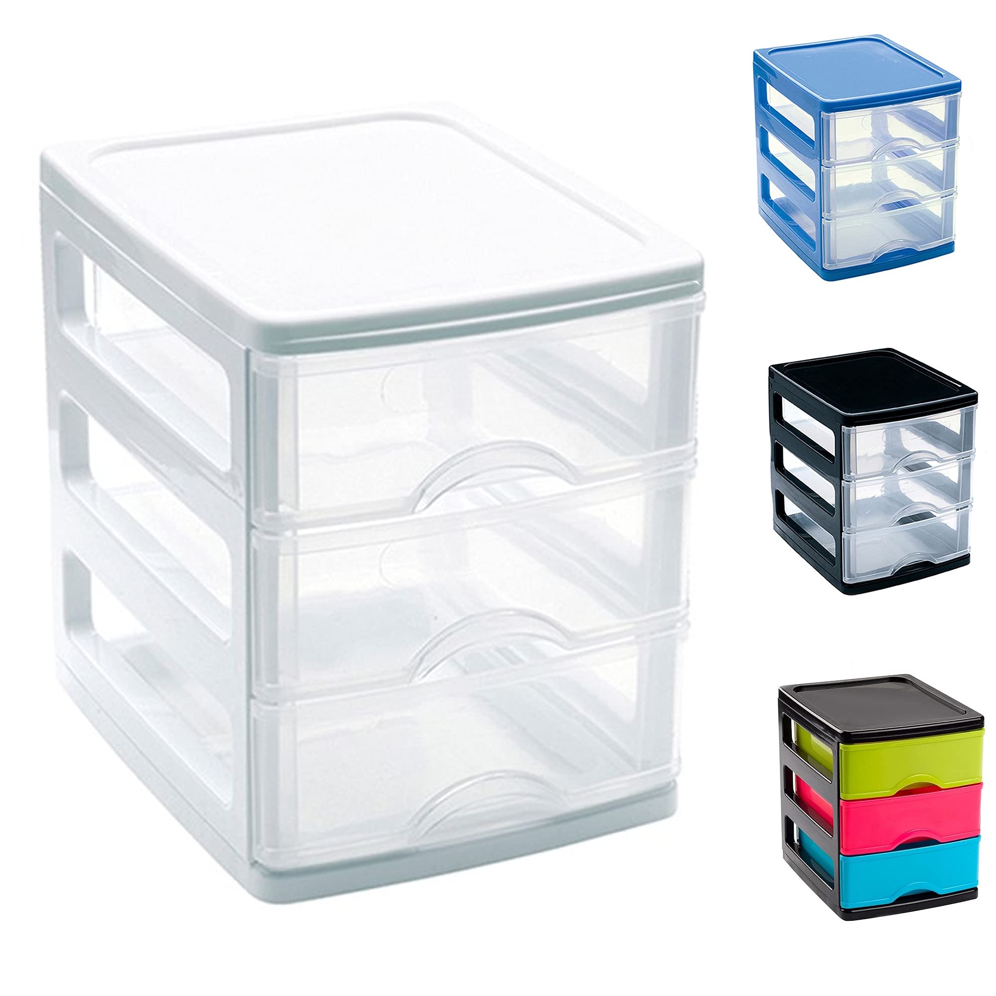 Plastic Desktop Storage Unit with Drawers, Stationary Arts Drawer Desktop Tabletop Organiser Storage Tower Unit for Office Bedroom Garage (3 Drawers (17 x 13.5 x 17cm, White Clear Drawers))