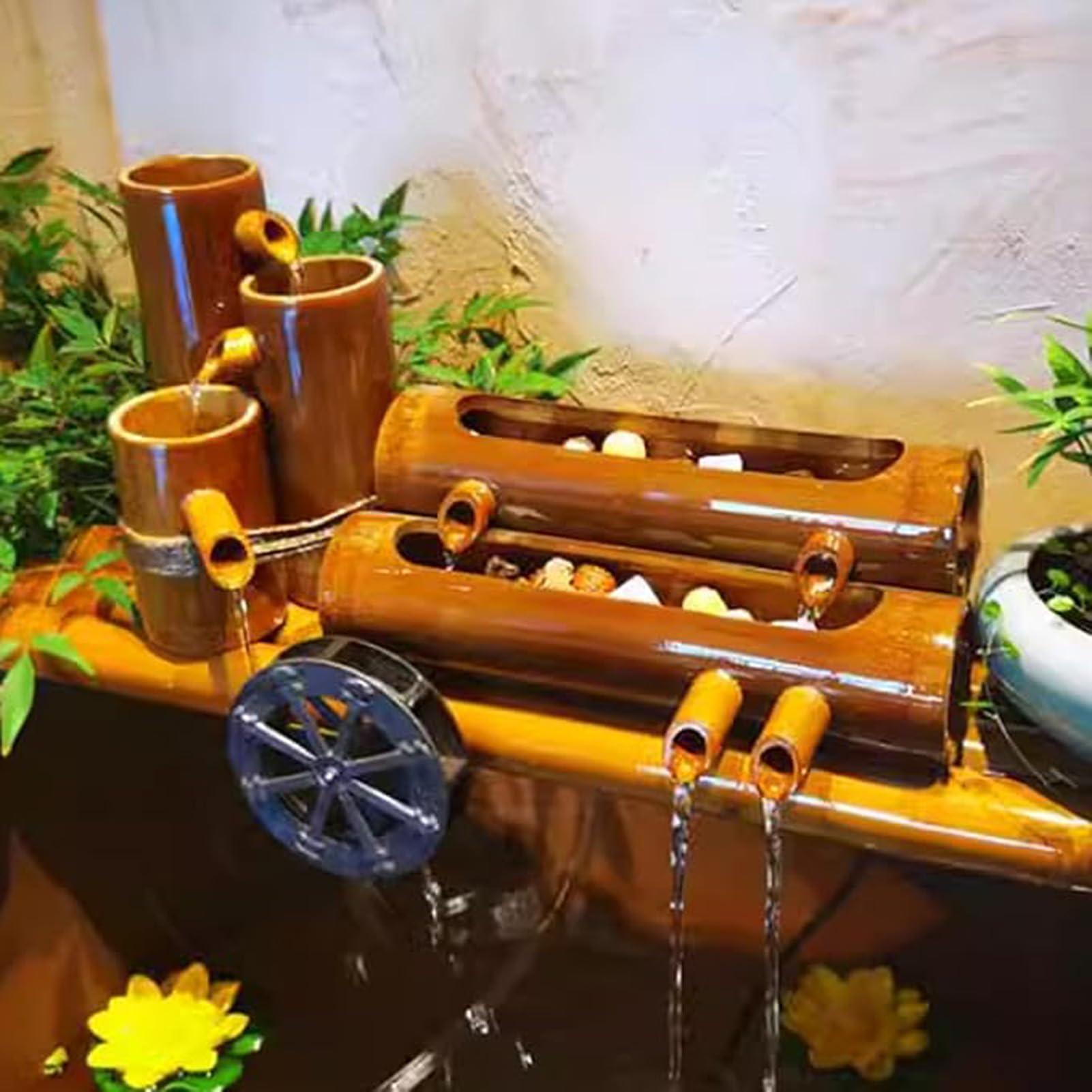 Kit Fontana Solare in bambù, Fontana Zen Artigianale con Pompa, Decorazione da Giardino Ecologica, Elemento paesaggistico, Decorazione per laghetto da Patio e Acquario per Giardino e casa