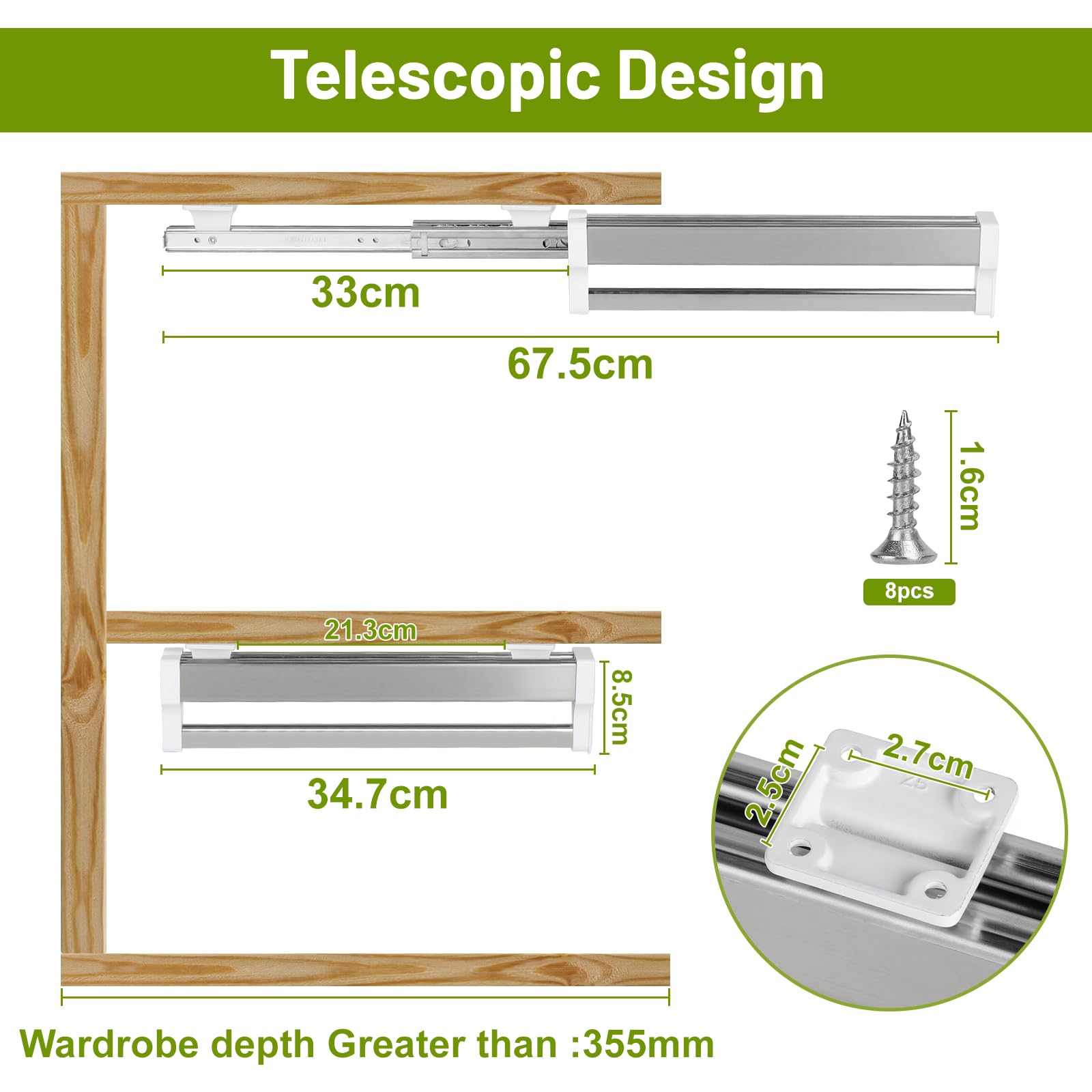 DBREAKS Asta Appendiabiti Estensibile per Armadio, Regolabile da 35 a 70 cm, Appendiabiti Asta Telescopica per Estrarre le Grucce, Per Armadi con Profondità di 350 mm
