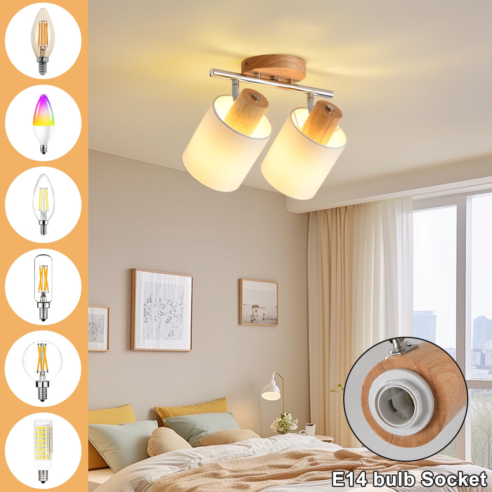 SANSHI faretti led soffitto in 2 punt，lampadario legno regolabile, Base E14 230V moderna Luce a parete,faretti soffitto per interni soggiorno, camera da letto, sala da pranzo (senza lampadine)