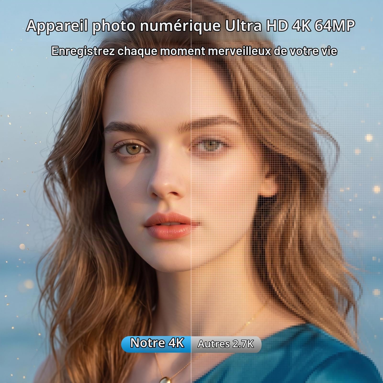 Appareil Photo Numérique 4K 64MP avec WiFi, Caméra Vlog avec Autofocus et Webcam, Écran 3″ Rabattable 180°, Zoom Numérique 16X, Anti-Tremblement, Carte SD 32 Go, Chargeur et 2 Batteries, Débutant