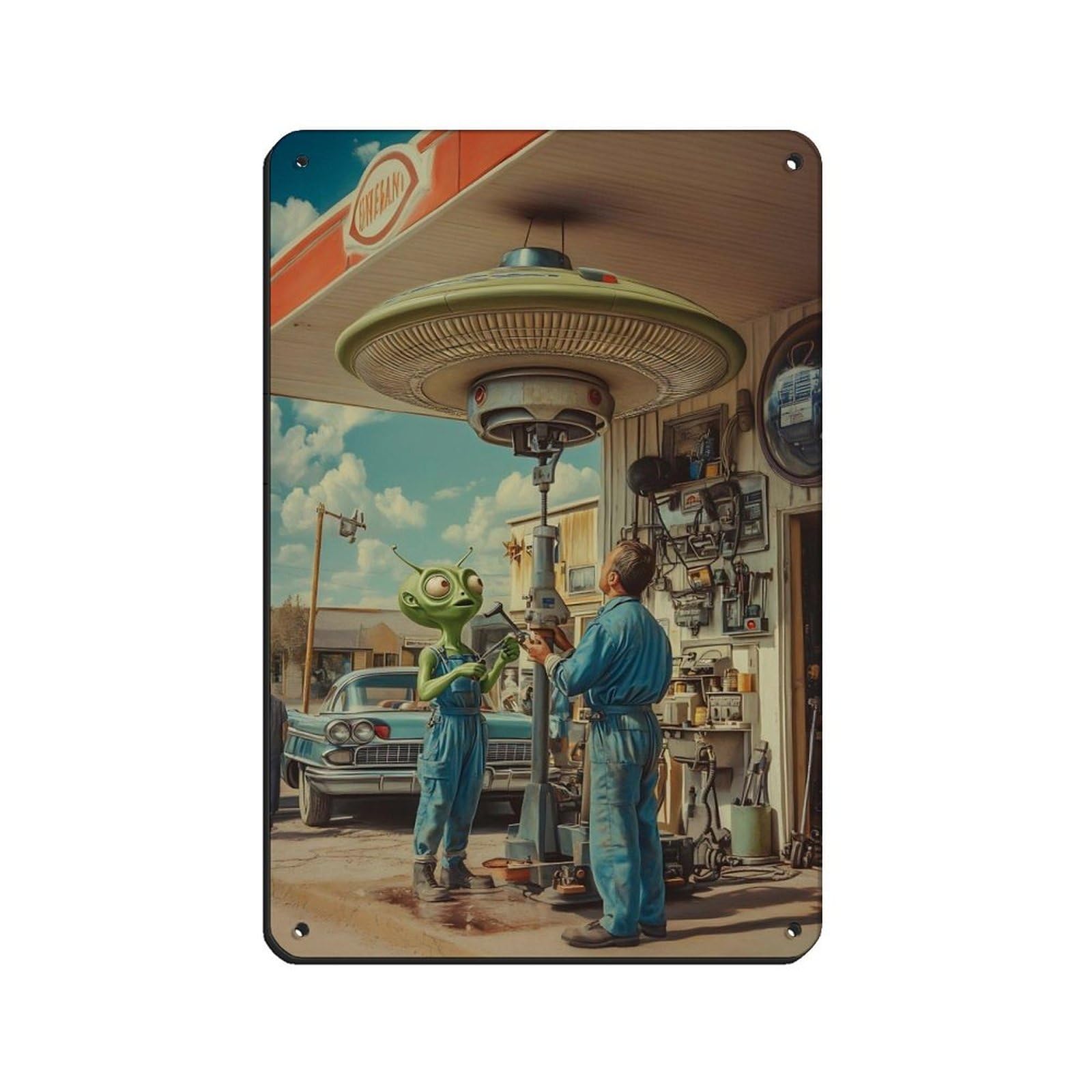 Retro UFO Alien Mechanic Tin Sign Vintage Metal Pub Club Cafe Bar Home Wall Art Decoration Poster Retro 8x12inch(20x30cm)