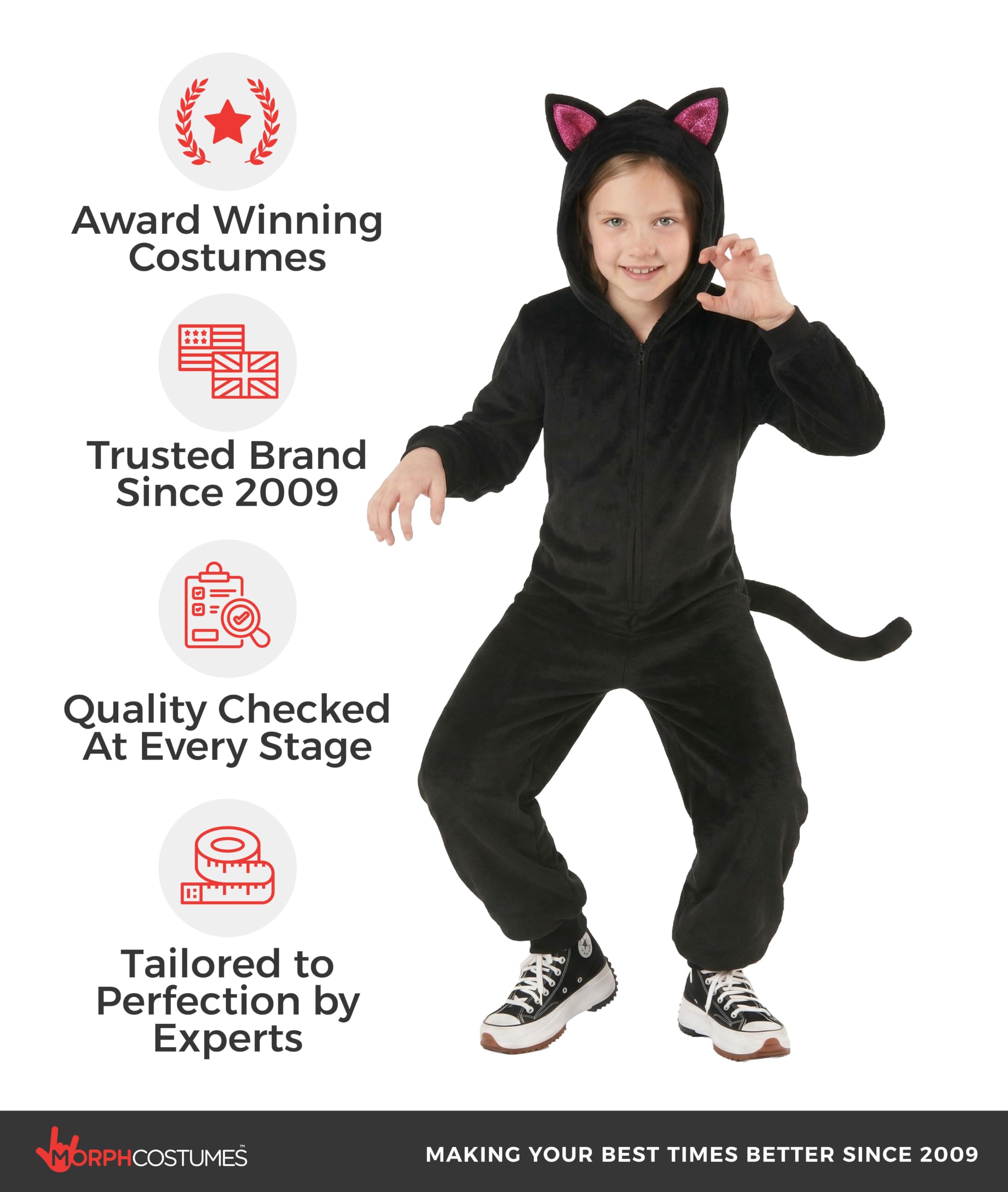 Morph Disfraz Gato Negro Niña, Disfraz Halloween Niña | Mono de Peluche Negro con Cola & Diadema con Orejas, Para Poner, Perfecto para Halloween, Ideal para Juegos de Rol