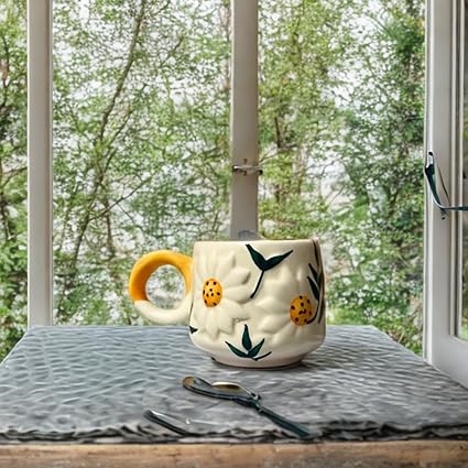Ceramic Coffee Mugs/Tea Cups Best Friend Gift for Milk/Green Tea/Cold Coffee/Microwave Safe & Dishwasher Safe Sunflower/Daisy 250 ML Handmade (Tea Cup/Coffee Mug)