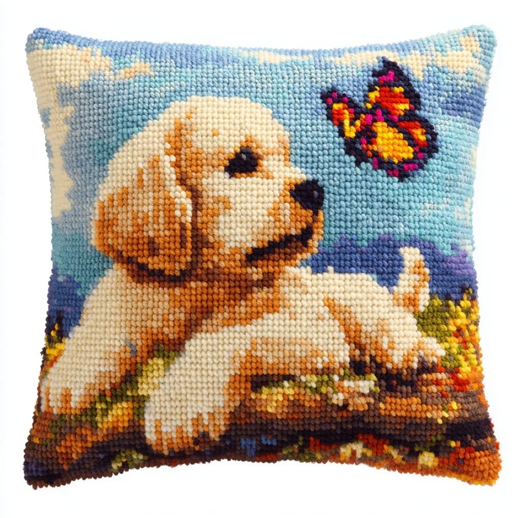 AxiangziK Latch Hook Pillow Kit 17x17in,Golden Retriever and Butterfly