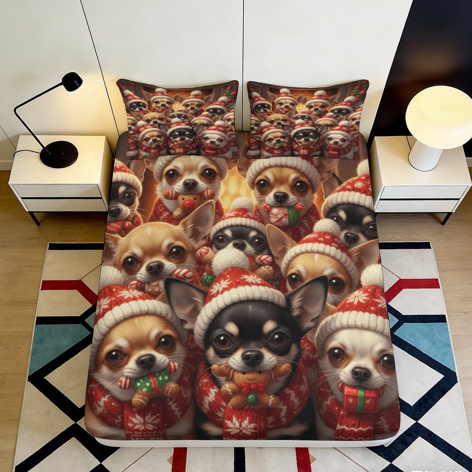 3D Printed Christmas Chihuahua Fitted Sheet Microfiber Soft Anti-Slip Dog Bed Cover for Bedroom Guestroom Decor 90x200x25cm