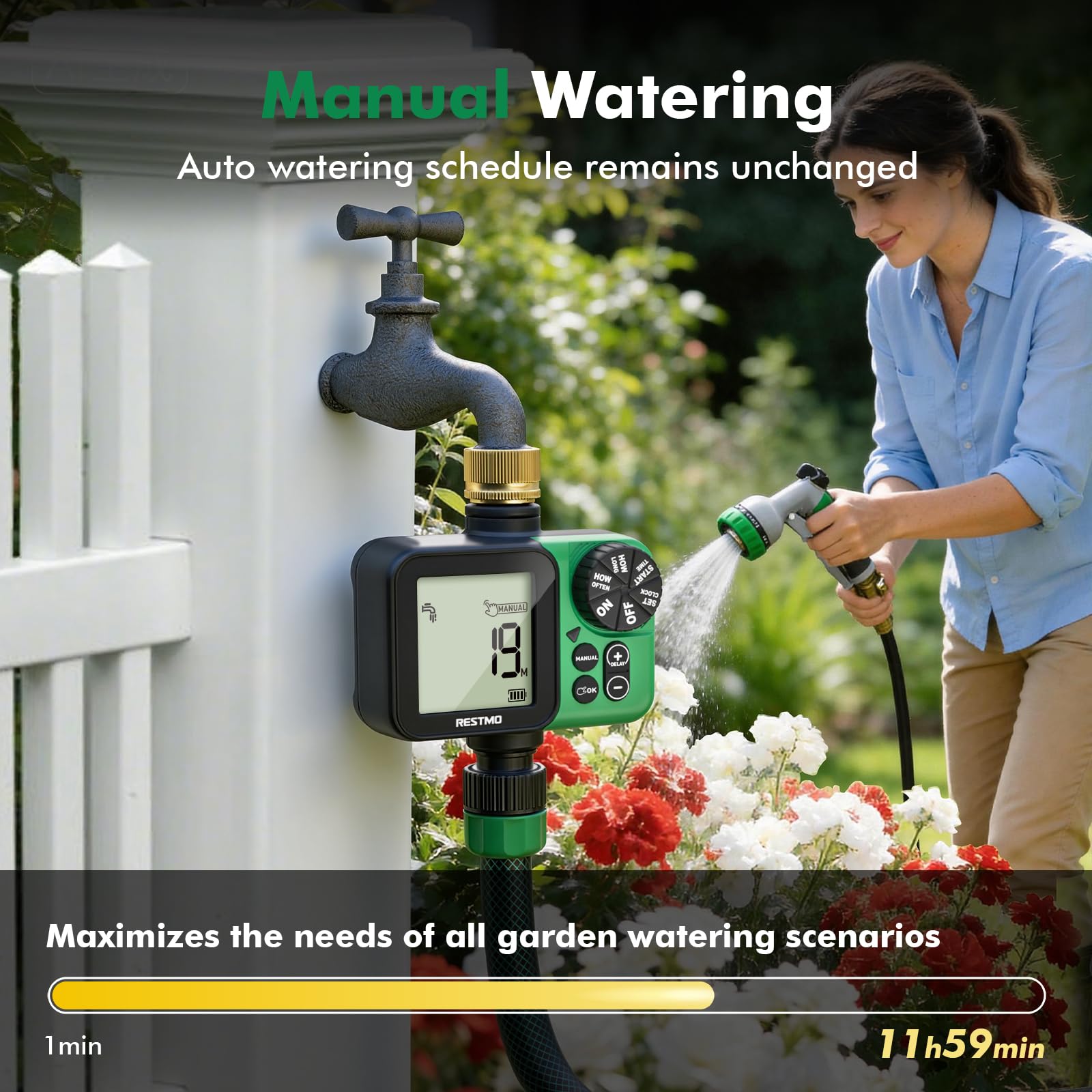 RESTMO Timer di irrigazione LCD di grandi dimensioni per rubinetto del tubo esterno, fino a 11h59m Timer di irrigazione programmabile per tubo di immersione, riempimento, nebulizzazione con ingresso