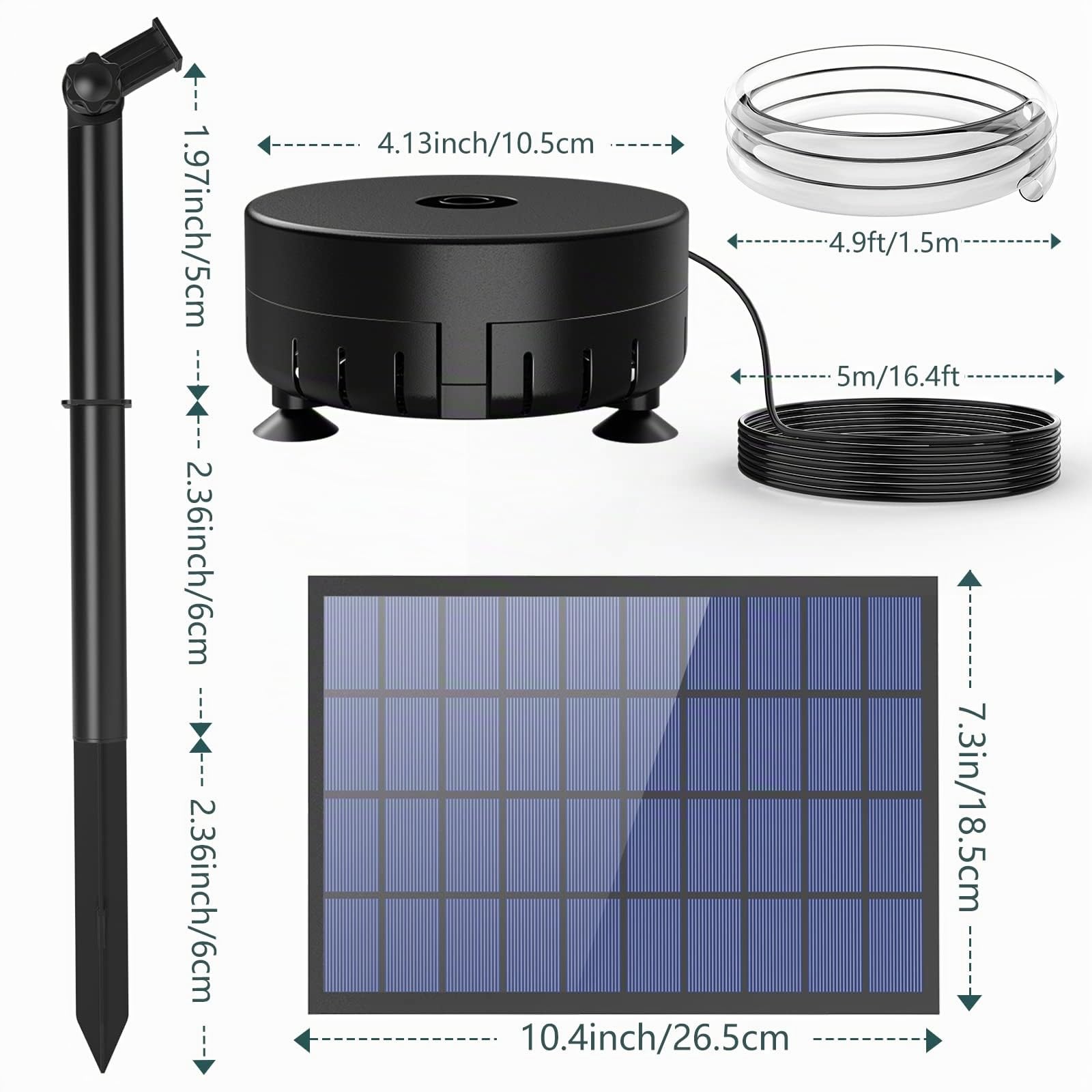 AMZtime 7W Solar Springbrunnen für Außen mit 1,5M Wasserleitung und Pfahl