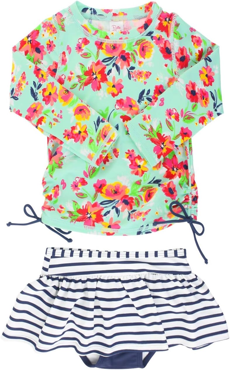 RuffleButts Painted Flowers Long Sleeve Rash Guard Skirted Bikini - 12-18m