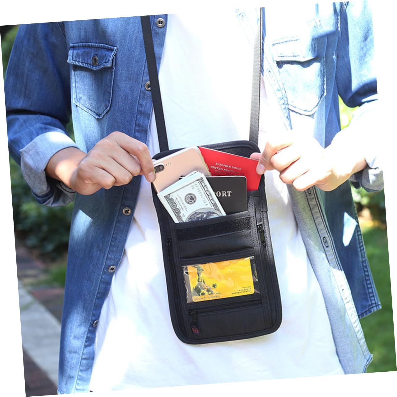 SHERCHPRY 2piezas Cartera De Pasaporte Compartimentos Múltiples Porta Documentos De Viaje Antirrobo Para Hombres y Mujeres Bolsa De Cuello Rfid Negro