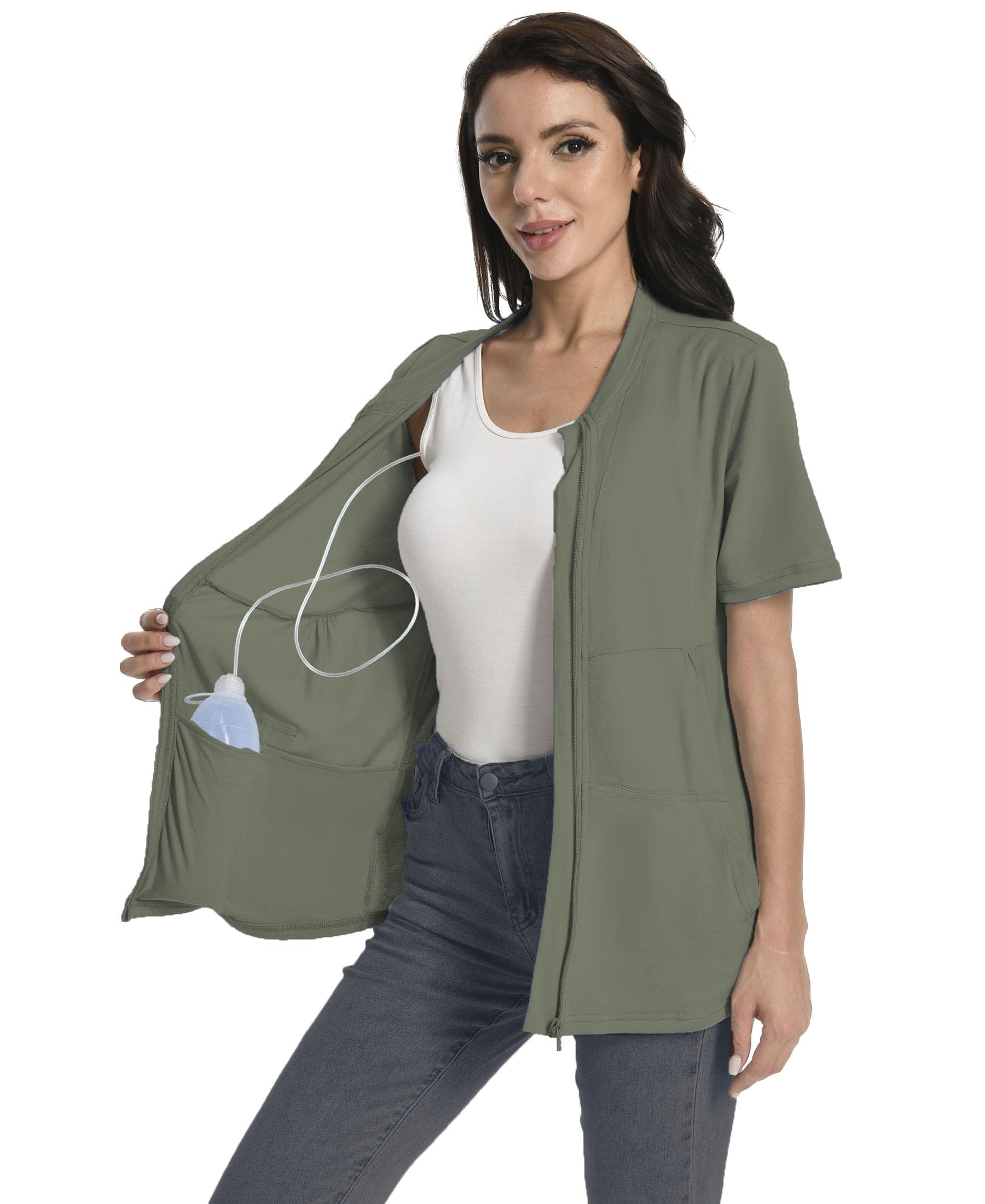 Post Mastectomy Zip Up Shirts with Drain Pockets Surgery Recovery Must Haves Clothing Comfy Short Sleeve Shirts