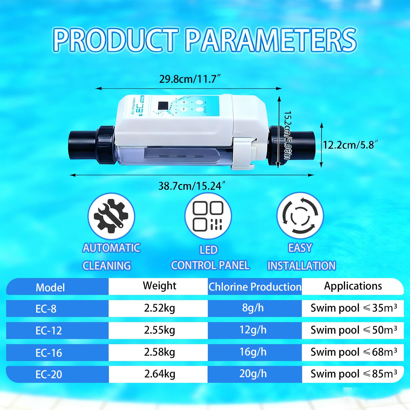 Clorador de Sal para Piscinas, Generador de Cloro con Función de Limpieza Automática, Panel LED, para Piscinas, Spas e Hidroterapia, Funcionamiento Sencillo 8g/h
