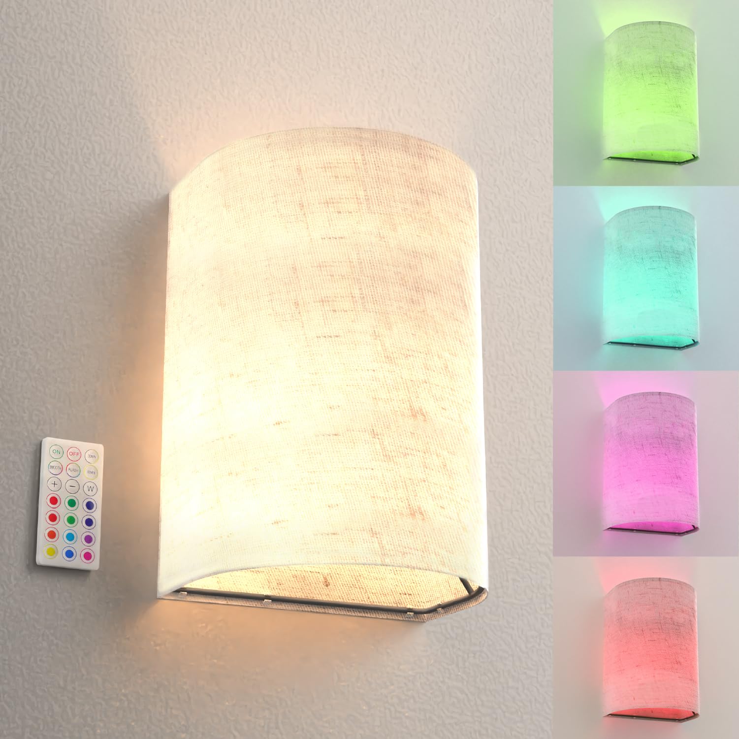 Sunco 4 Pack Battery Operated Rechargeable Wall Sconce, LED Wall Lights Indoor No Hardwire Dimmable w/Remote Control RGB Selectable Color Modes Fabric Shade Sleek Modern Design, 35 Lumens, 0.6W, DC5V