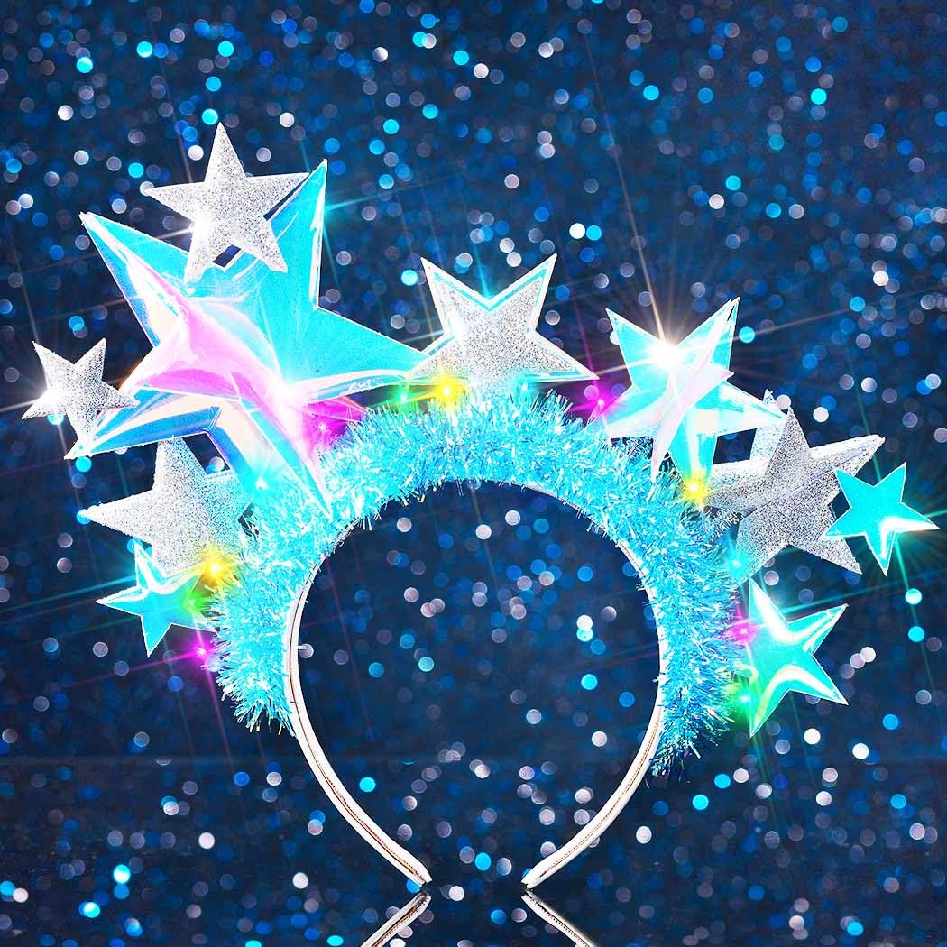 Handcess Light up Star Headband Glitter LED Hair Band Glowing Costume Crown Headbands Carnival Rave Hair Accessories for Women