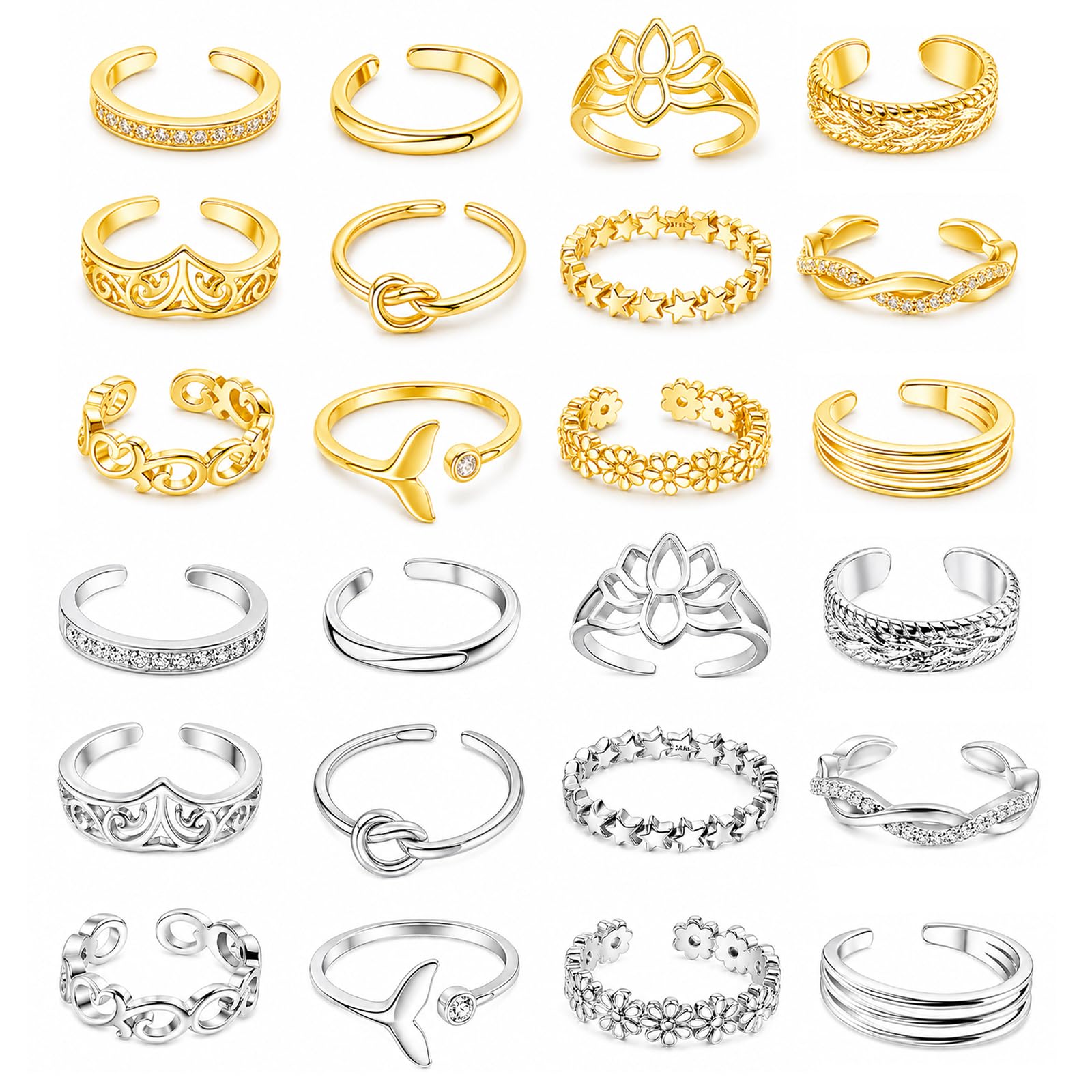 12PCS Toe Rings for Women 14K Gold/Silver Plated Adjustable Toe Ring Set Open Heart Arrow Infinity Rings Beach Foot Jewelry for Summer