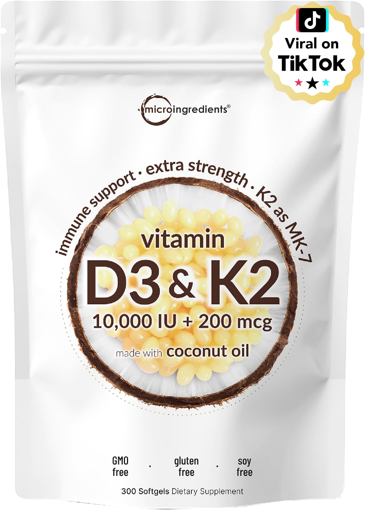 Micro Ingredients Vitamin D3 10,000 IU + K2 MK-7 200 mcg, 300 Softgels with Virgin Coconut Oil | 2-in-1 Vitamins D & K Complex | Extra Strength, Easy to Swallow, Non-GMO, Gluten Free