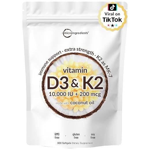 Micro Ingredients Vitamin D3 10,000 IU + K2 MK-7 200 mcg, 300 Softgels with Virgin Coconut Oil | 2-in-1 Vitamins D & K Complex | Extra Strength, Easy to Swallow, Non-GMO, Gluten Free