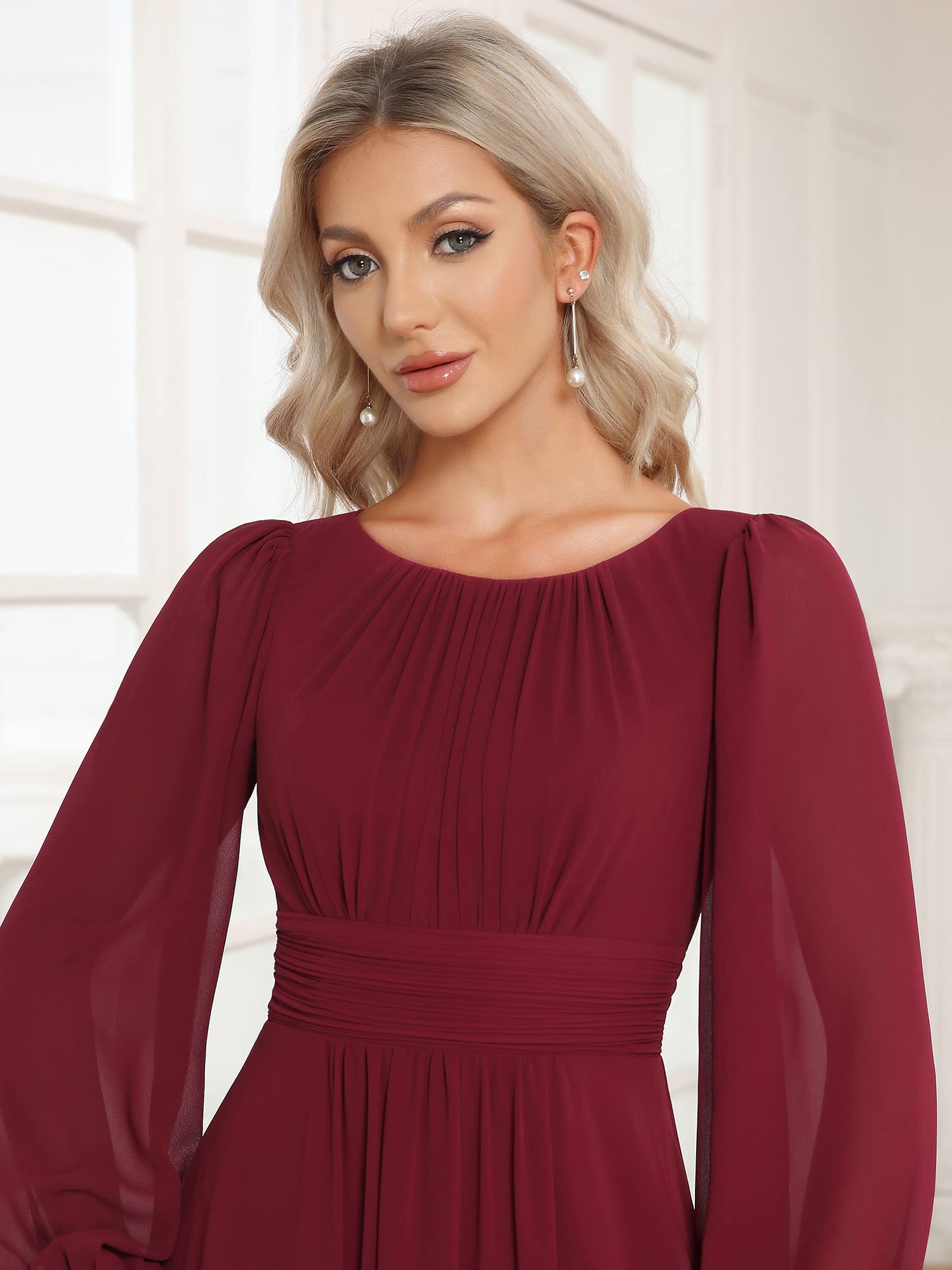 Ever-Pretty Vestito da Sera Donna Lungo Cintura Rotondo Manica Lunga Elegante Abiti da Cerimonia Borgogna 36