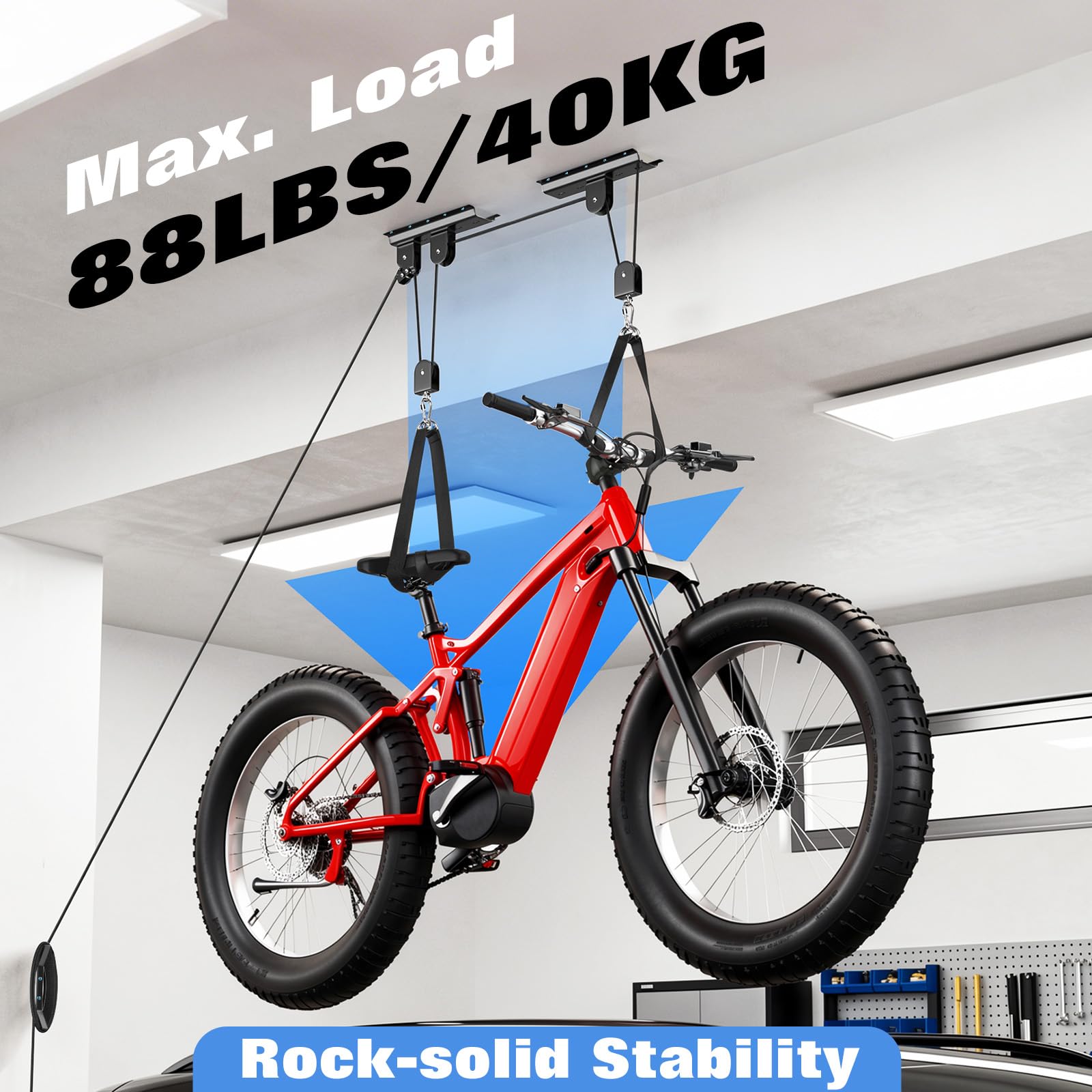 Housolution Elevador Bicicletas, [2 Unidad] Sistema Polea 88Lbs, Apto Techos 10-16 Pies, Sistema Almacenaje Techo Resistente para Bici Carretera, MTB, Fatbike, Ebike, Escaleras, Snowboard