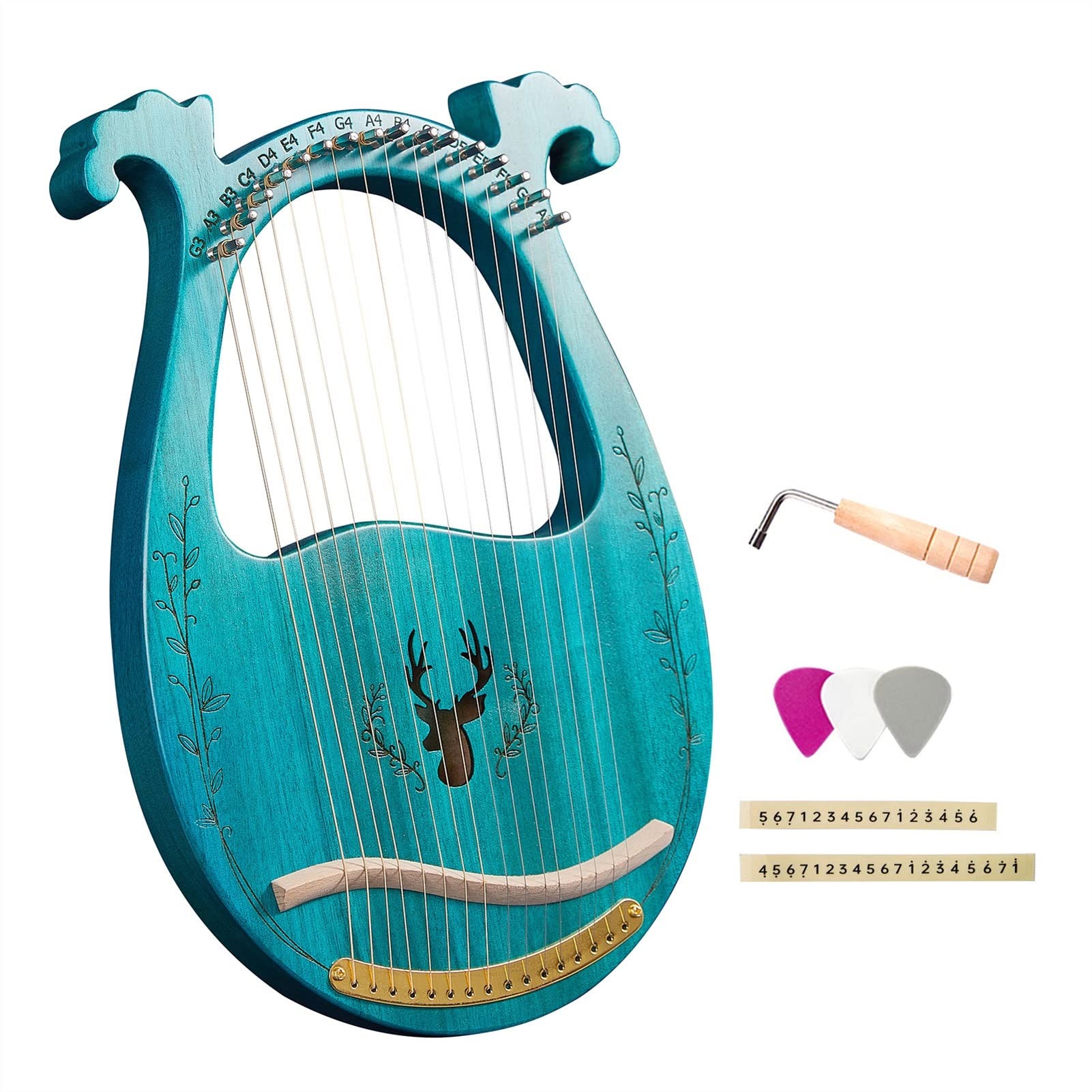 Harfa， 19-strunowa drewniana lira, harfa, pudło rezonansowe, instrument strunowy i klucz do strojenia, instrumenty harfowe