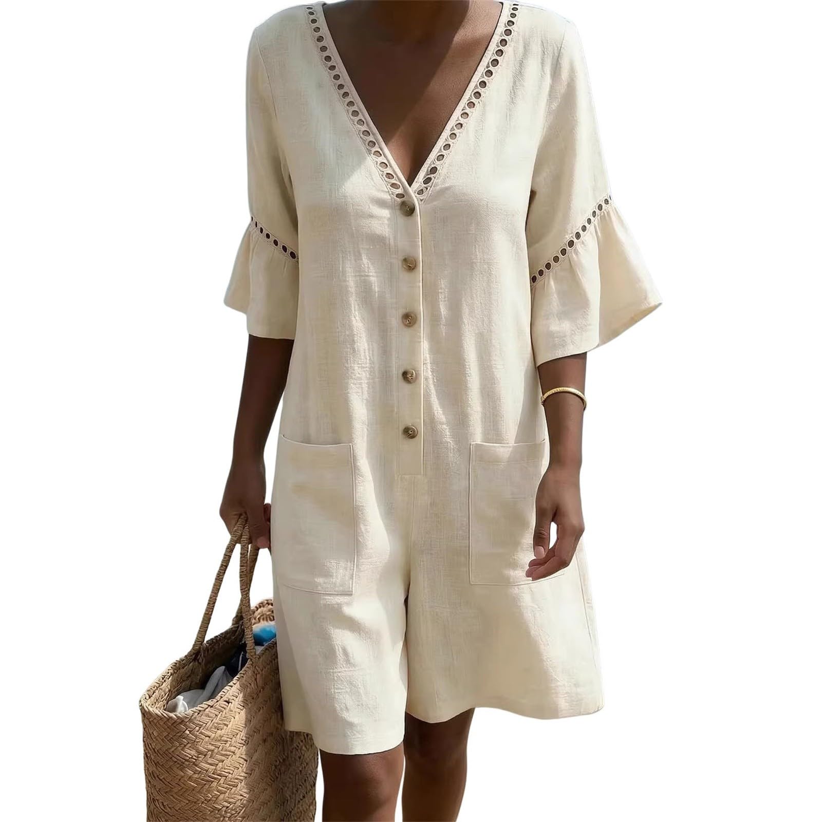 Mono de verano corto de algodón para mujer, elegante, cuello en V