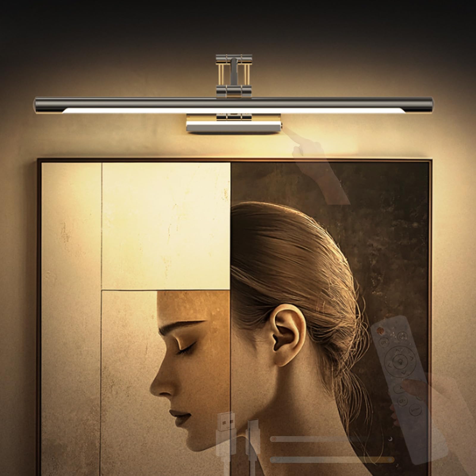 LED Bagno Specchio Lampada da Parete con Telecomando Dimmerabile Luce da Parete USB Ricaricabile Rotazione Applique da Parete con Tattile Controllo Interruttore per Soggiorno (Argentato,40cm)