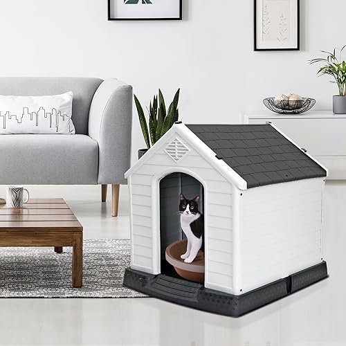 Vista 9 de Casa de plástico resistente al agua para perros pequeños a grandes, refugio interior para cachorros con rejillas de ventilación y piso elevado, Azul