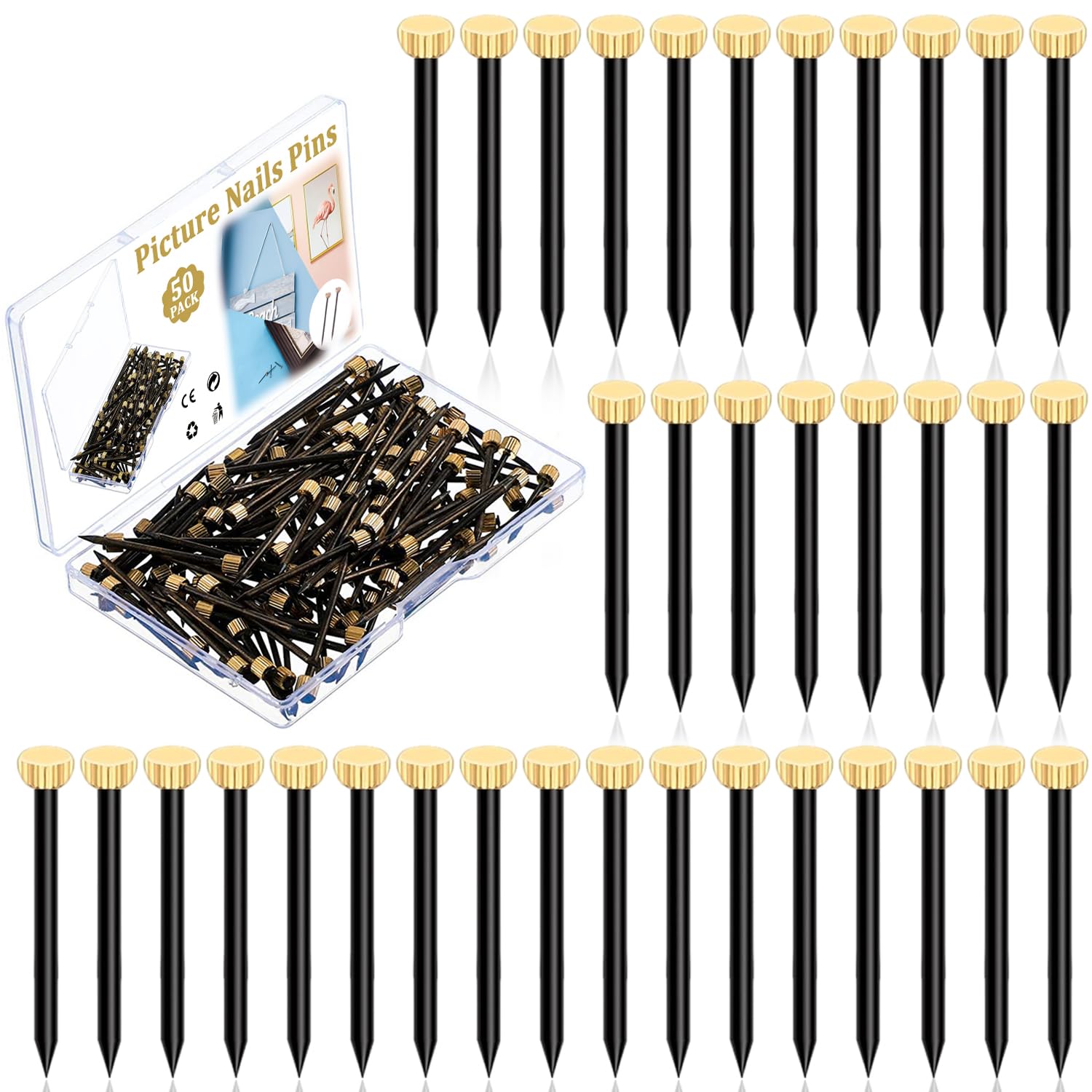 50pcs Picture Hanging Nails, Composite Nails for Hanging Photo Frame, Brass Head Wall Masonry Nails Hook with Plastic Storage Box