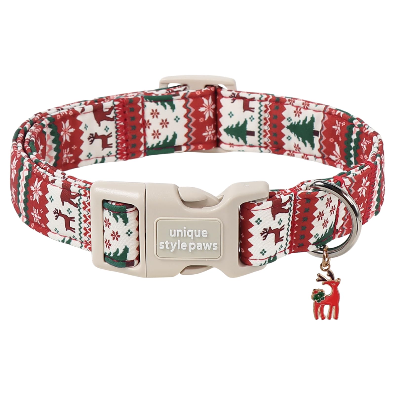 Unique style paws Christmas Dog Collar, Adjustable Cotton Dog Collar with Christmas Reindeer Charm, Quick Release Buckle, Strong Metal D Ring, Cute Puppy Collar for Small Medium Large Dogs