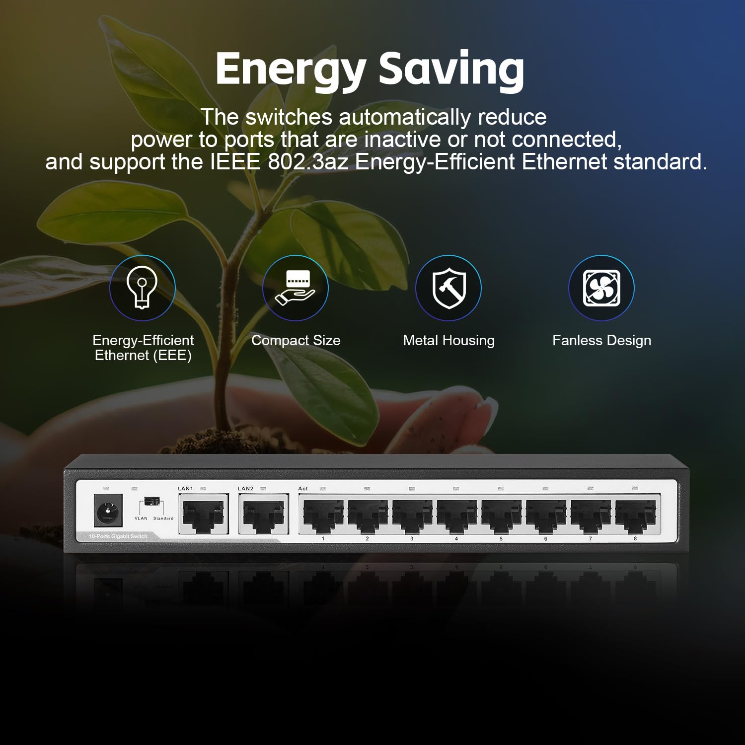 YuLinca 10 Port Gigabit Ethernet Switch, 8 x 100/1000Mbps Ports, 2 Gigabit Uplink, Support Vlan, Metal Fanless Unmanaged Plug and Play
