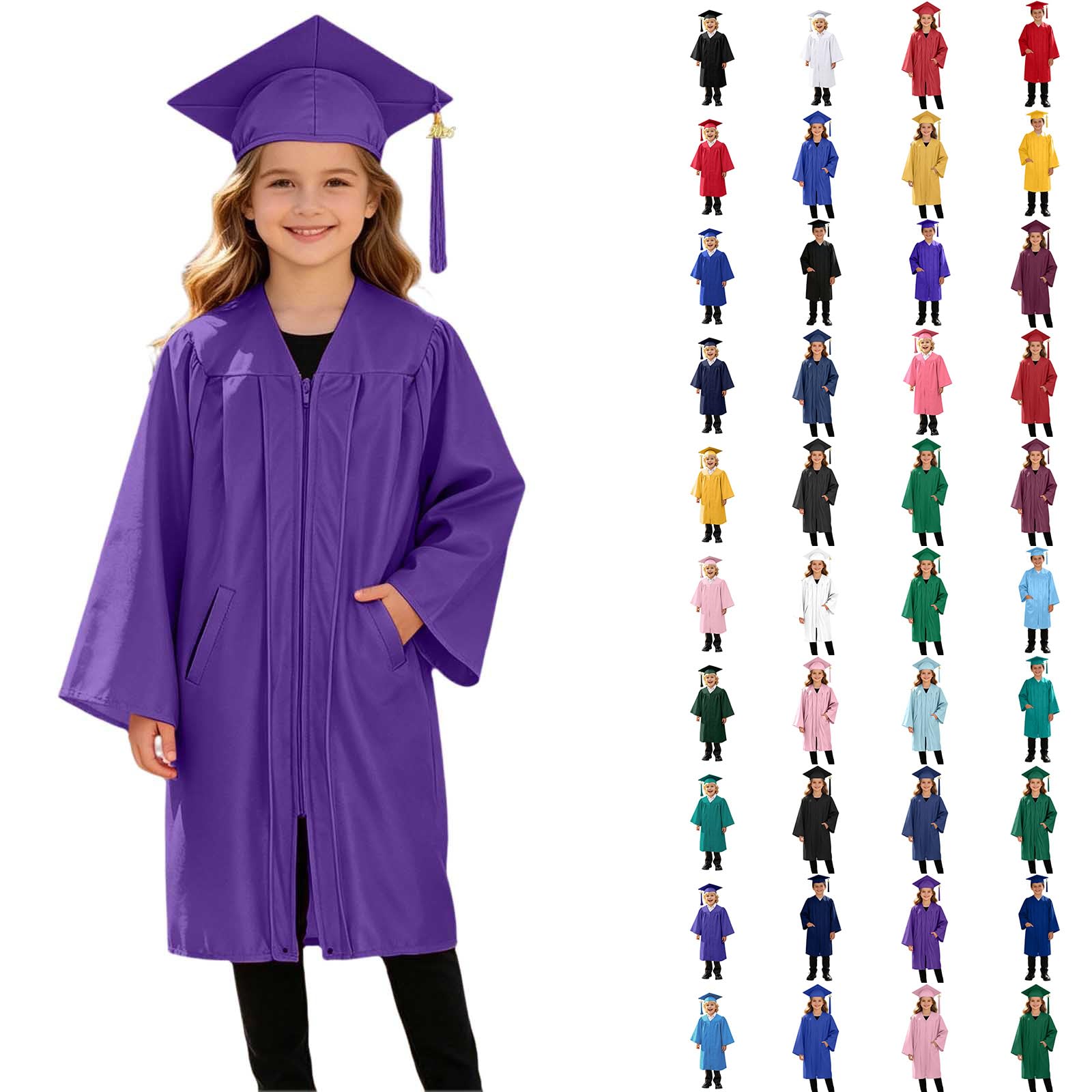 3 Piece Graduation Set for Kids, Gown, Cap, Gold 2026 Tassel, Unisex Boys Girls Preschool Kindergarten Primary School Graduation Gown and Cap Dress Up Props Costume, 29-Purple