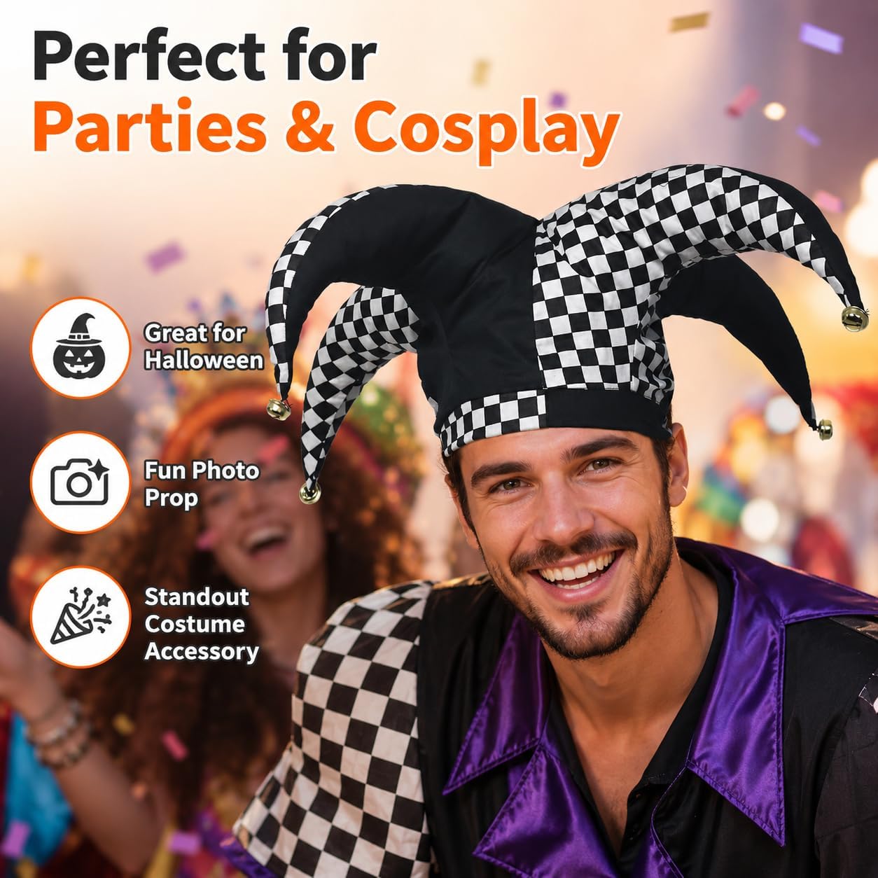Jester Hat Clown Joker Costume Accessory with Bells for Halloween Christmas Carnival Mardi Gras Cosplay