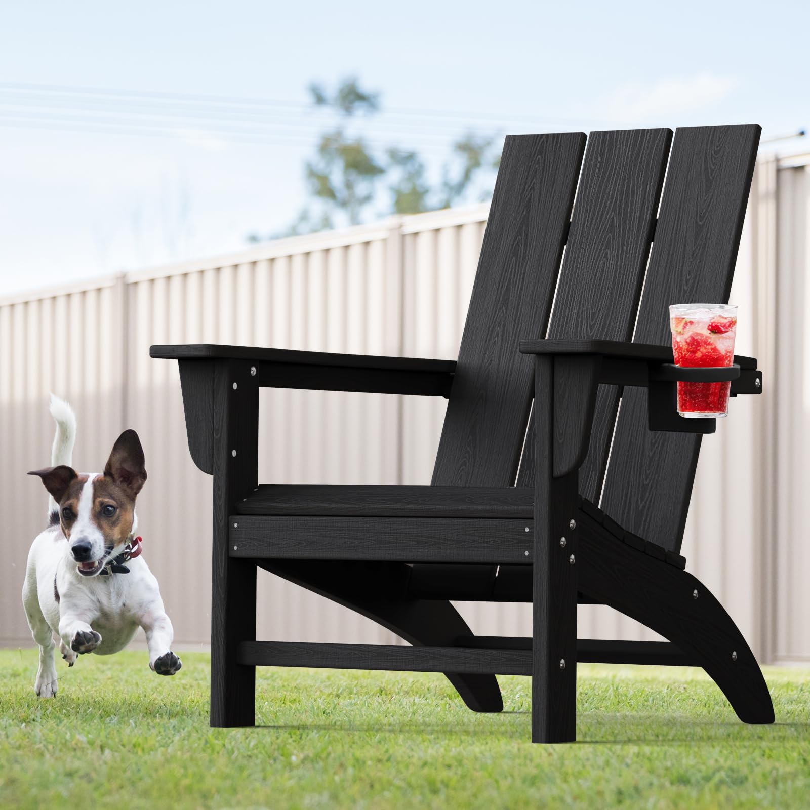 Modern Adirondack Chair with Cup Holder, HDPE Plastic Patio Chairs for All Weather, Fire Pit Chair, Outdoor Lawn Chairs for Deck, Porch, Backyard, Garden, Black