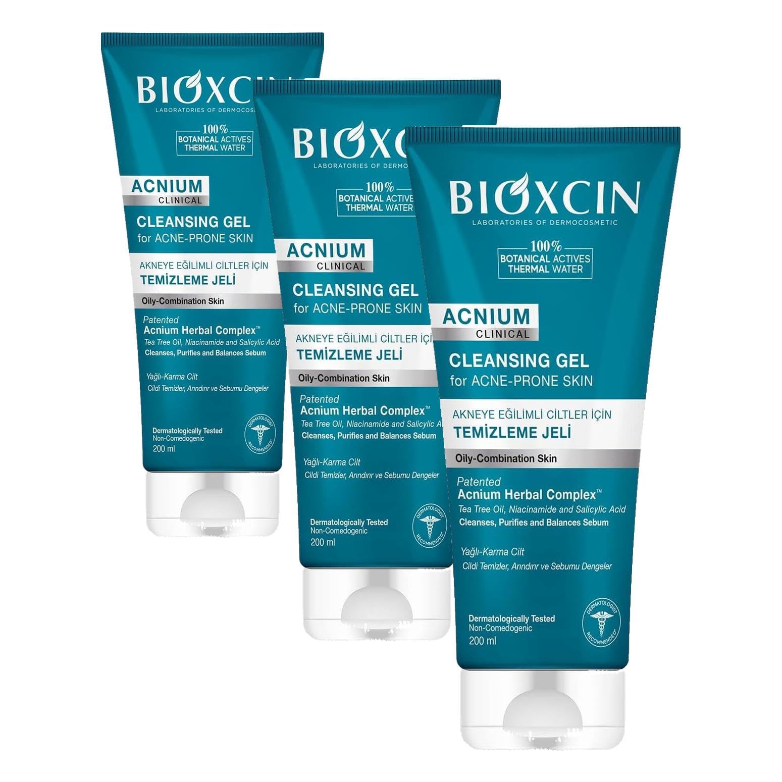 Bioxcin Acnium Sebum Dengeleyici Yüz Yıkama Jeli – Niasinamidli, Termal Sulu, Bitkisel Kompleksli, Akneye Eğilimli ve Yağlı Ciltler İçin, 200 ml (3 paketi)