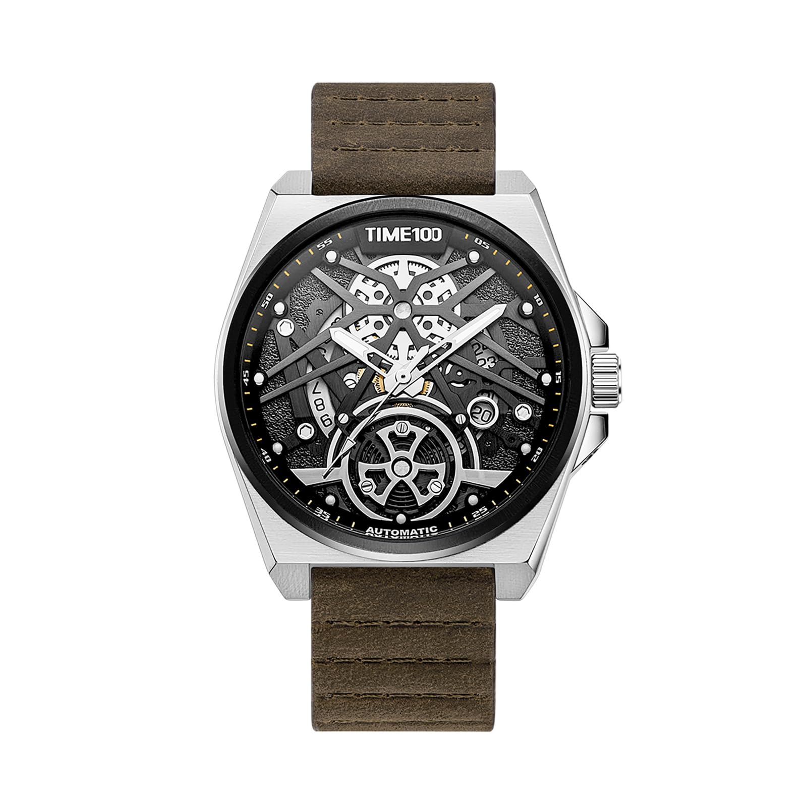 TIME100 Orologio Uomo Automatico Scheletrato Rettangolare/Rotondo Pelle Vera 30M