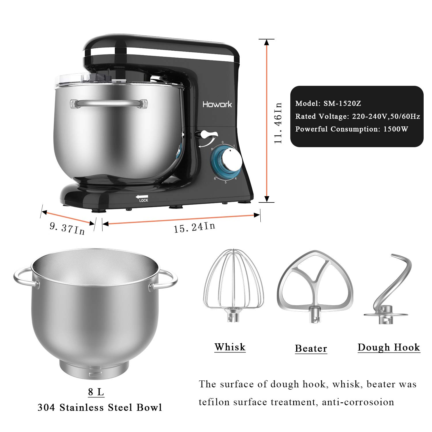 HOWORK Impastatrice Planetaria 1500W 8Litri 6 Velocità Robot da Cucina con uncino impastatore e mescolatore in alluminio, frusta in acciaio INOX, coperchio paraschizzi, Nero