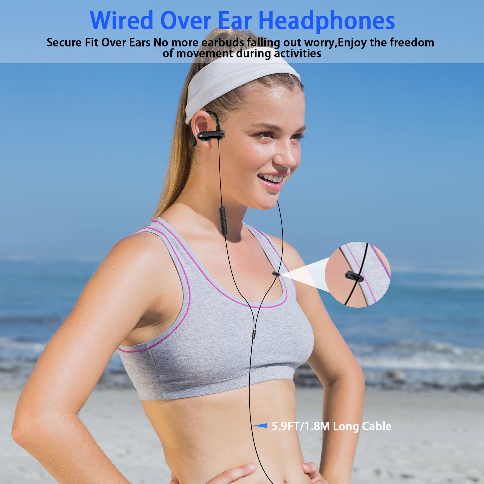 Auriculares con cable con gancho para la oreja para micrófono, auriculares deportivos de 3,5 mm de largo, 1,8 m de largo, con cable para iPad, iPod, teléfonos móviles, portátiles, auriculares