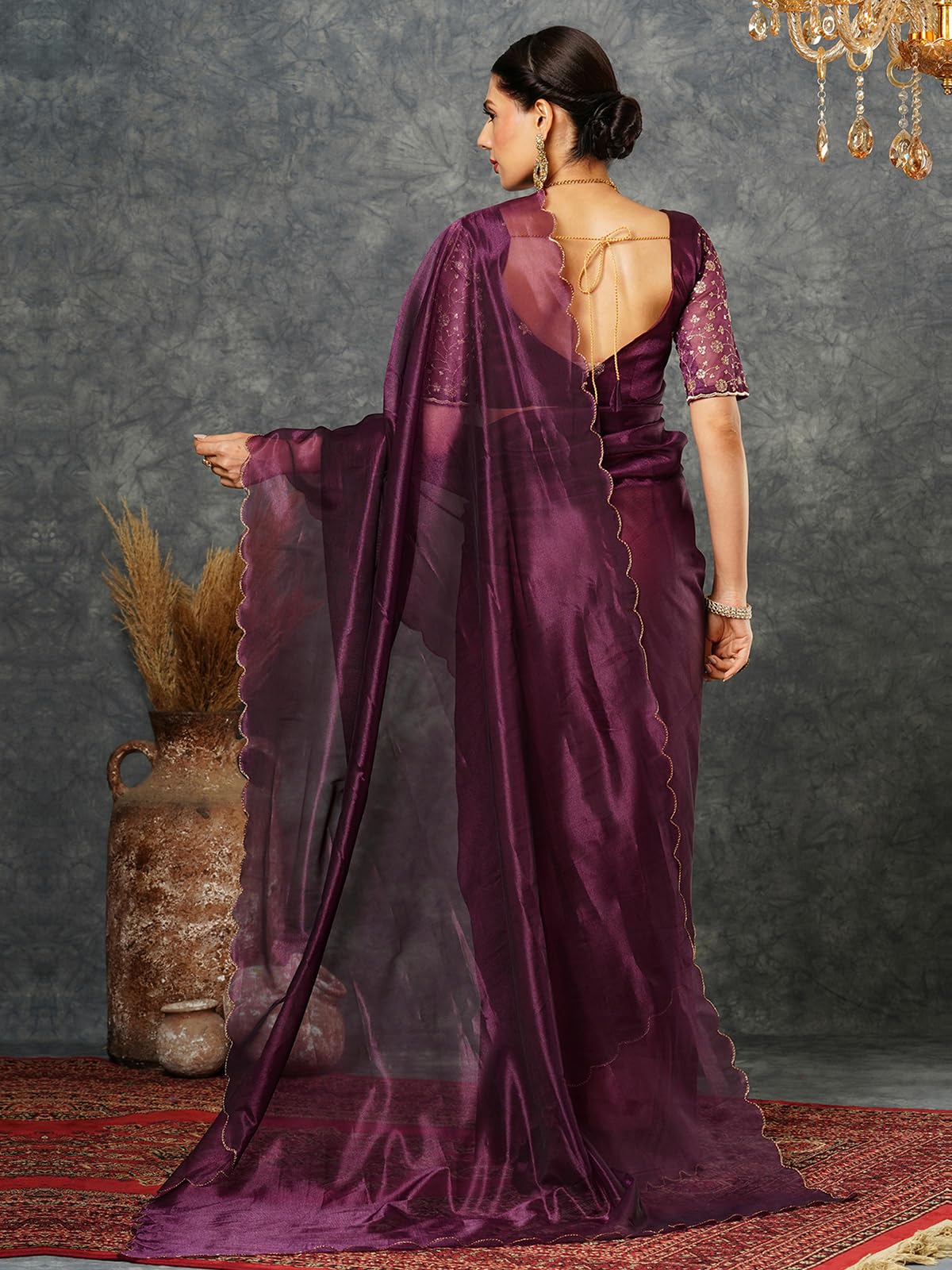 Satrani Women's Shimmer Net Embroidery And Scalloped Border Saree With Unstitched Blouse Piece (3899S442N_Wine)