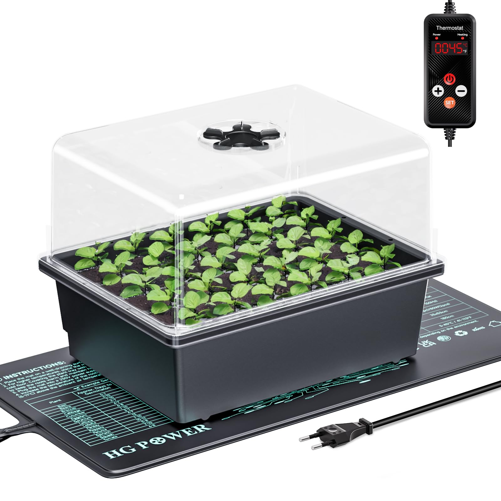 HG Power 55w Heizmatte Pflanzen Anzuchtkasten Opt., Zimmergewächshaus mit 30 Zellen und Anzuchthaube, für Sämlinge, Gemüse & Kräuter – Opt. C Tray + MAT(Controller)