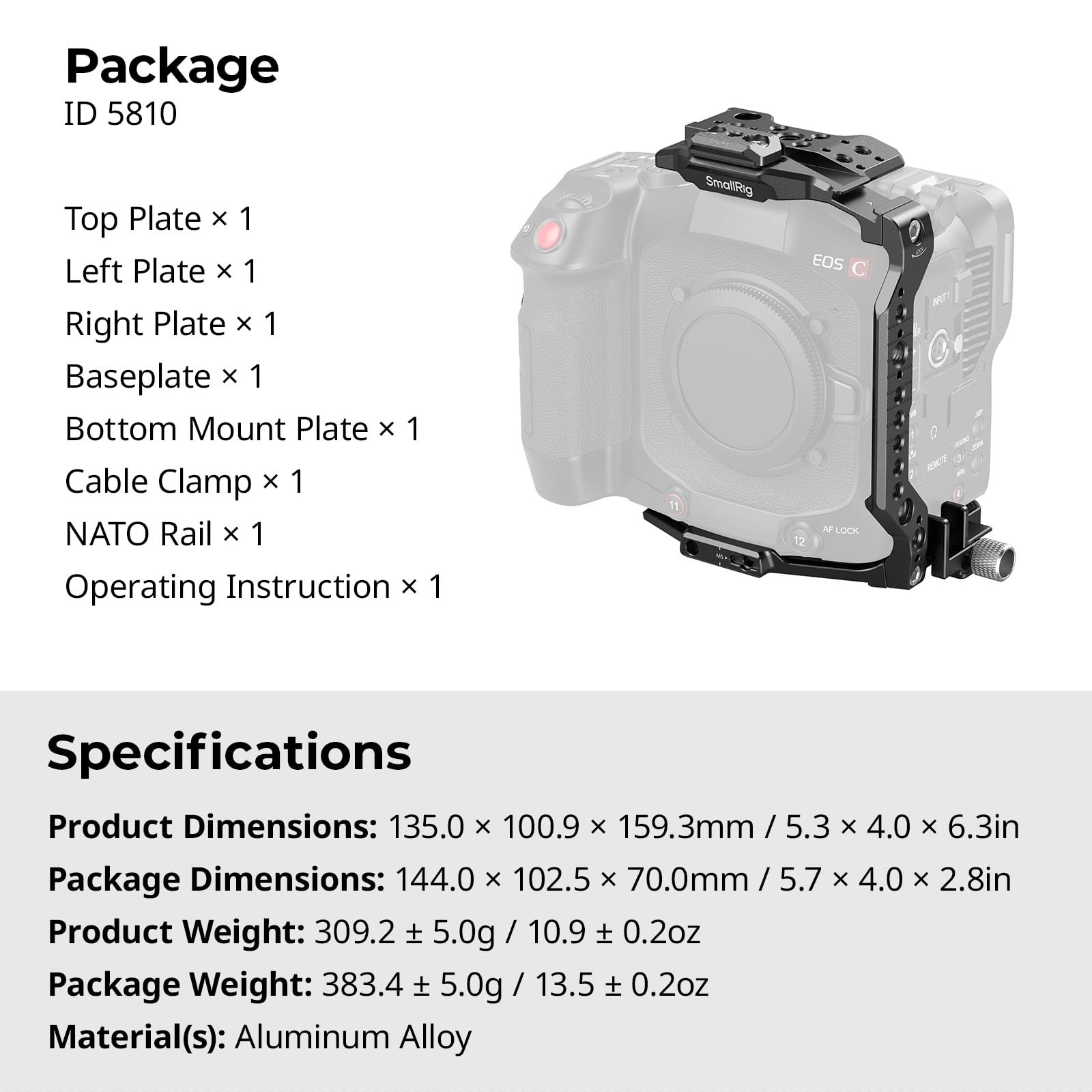 SMALLRIG Cage pour Canon C80, Conception Modulaire avec Plaque Supérieure, Latérales, et Inférieure, Rail NATO, Serre-Câble HDMI, Griffe Porte-Accessoires, Pas de Vis 1/4''-20 et 3/8''-16-5810