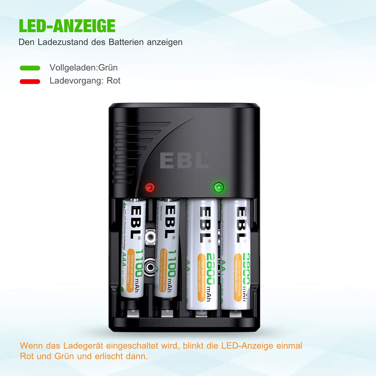 EBL Plug Caricabatterie Universale per AA e AAA 9V Ni-MH Batterie Ricaricabili, Carica Rapida, Indicatori LED Intelligenti
