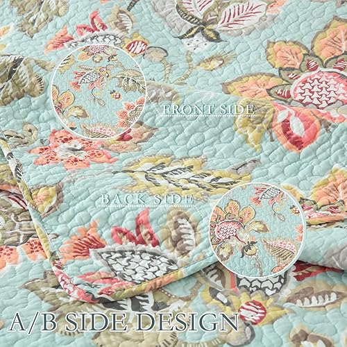 Miniatura 7 de Juego de colcha de algodón, reversible, vintage, con diseño floral de ramas (estampado floral de cachemira turquesa roja, tamaño King)