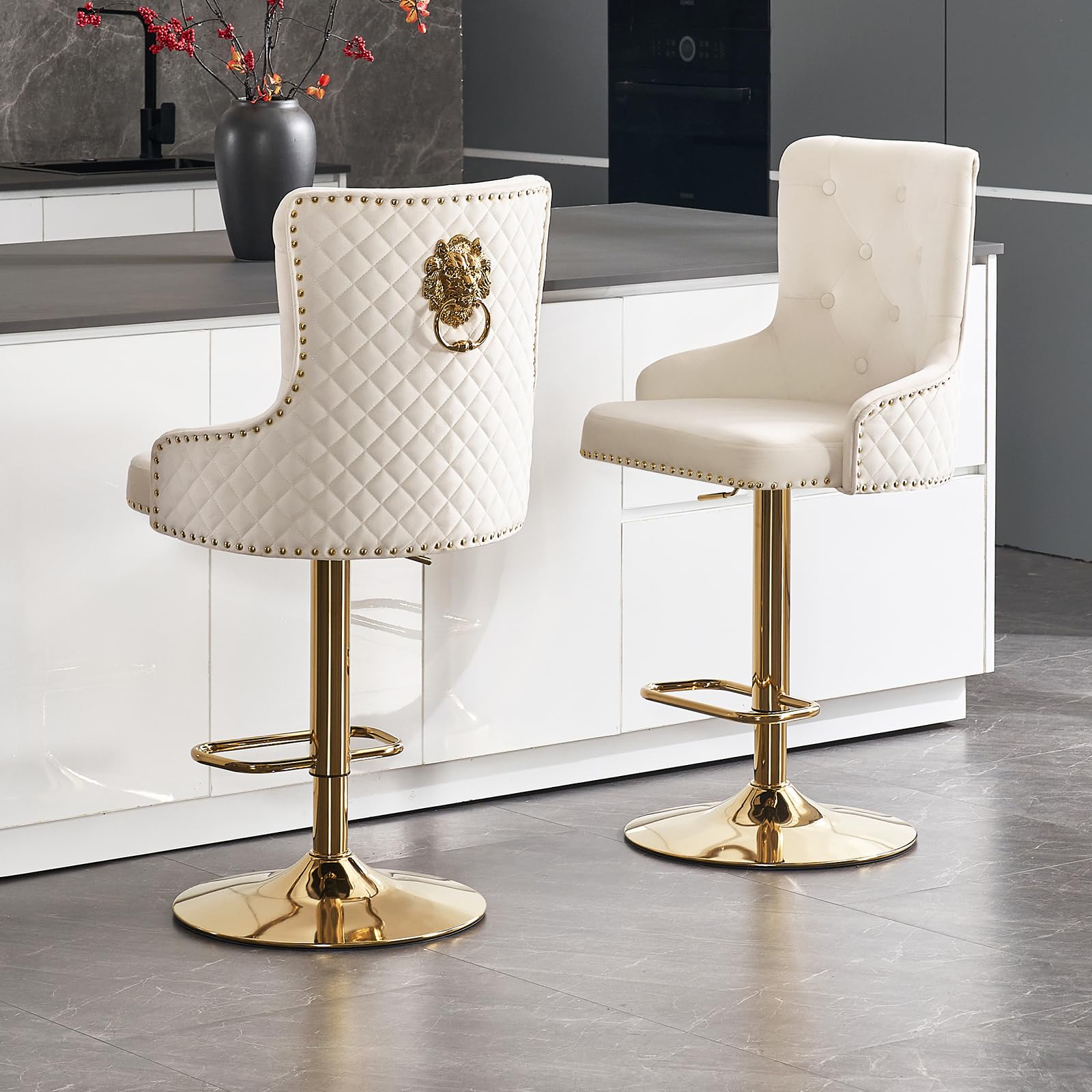 Velvet Gold Bar Stools Set of 2 Modern Counter Height Bar Stools with Lion Pull Ring Tufted Back, Nailhead Upholstered Barstools for Home Kitchen