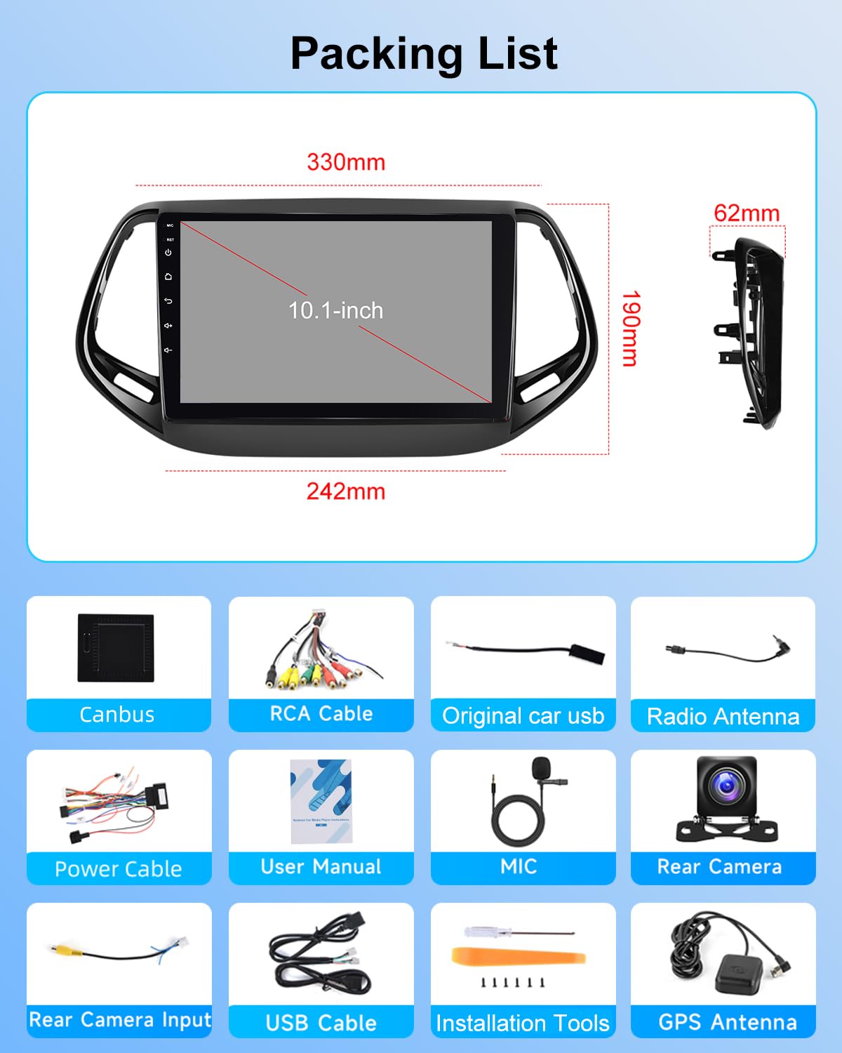 NHOPEEW Autoradio 2+64G per Jeep Compass 2017-2021 - Carplay senza fili e Android Auto - Stereo Android 13 da 10,1 pollici con WiFi EQ GPS Mirror Link FM RDS