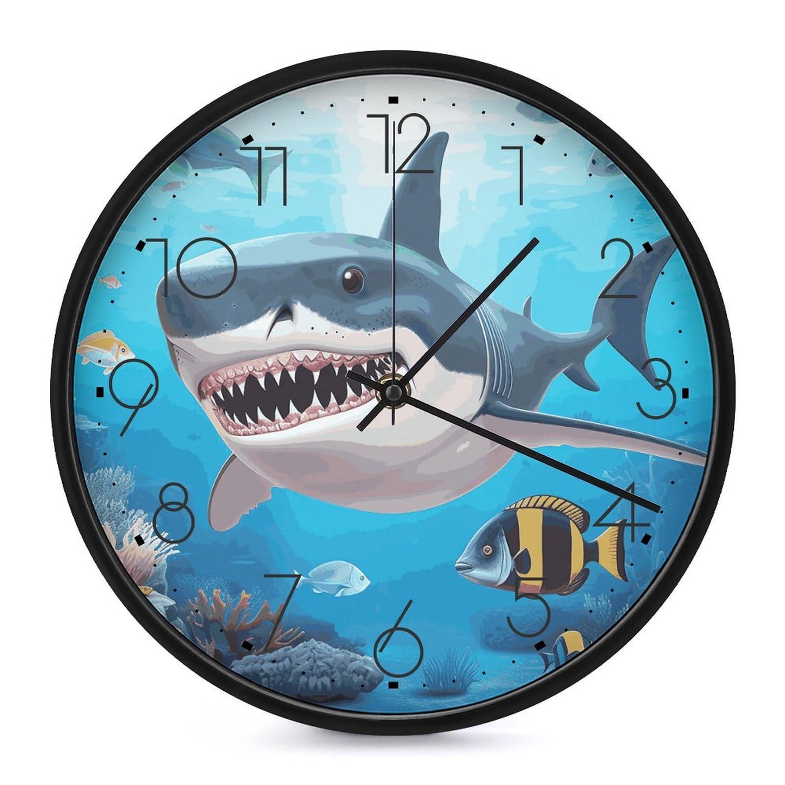 Adfgyerh Black-Style Shark Ocean Theme Clock，9.8 Inch Battery Operated Wall Clock Classic Simple, Decorative Wall Clock.analog Clock For Kitchen Office Bathroom Bedroom.