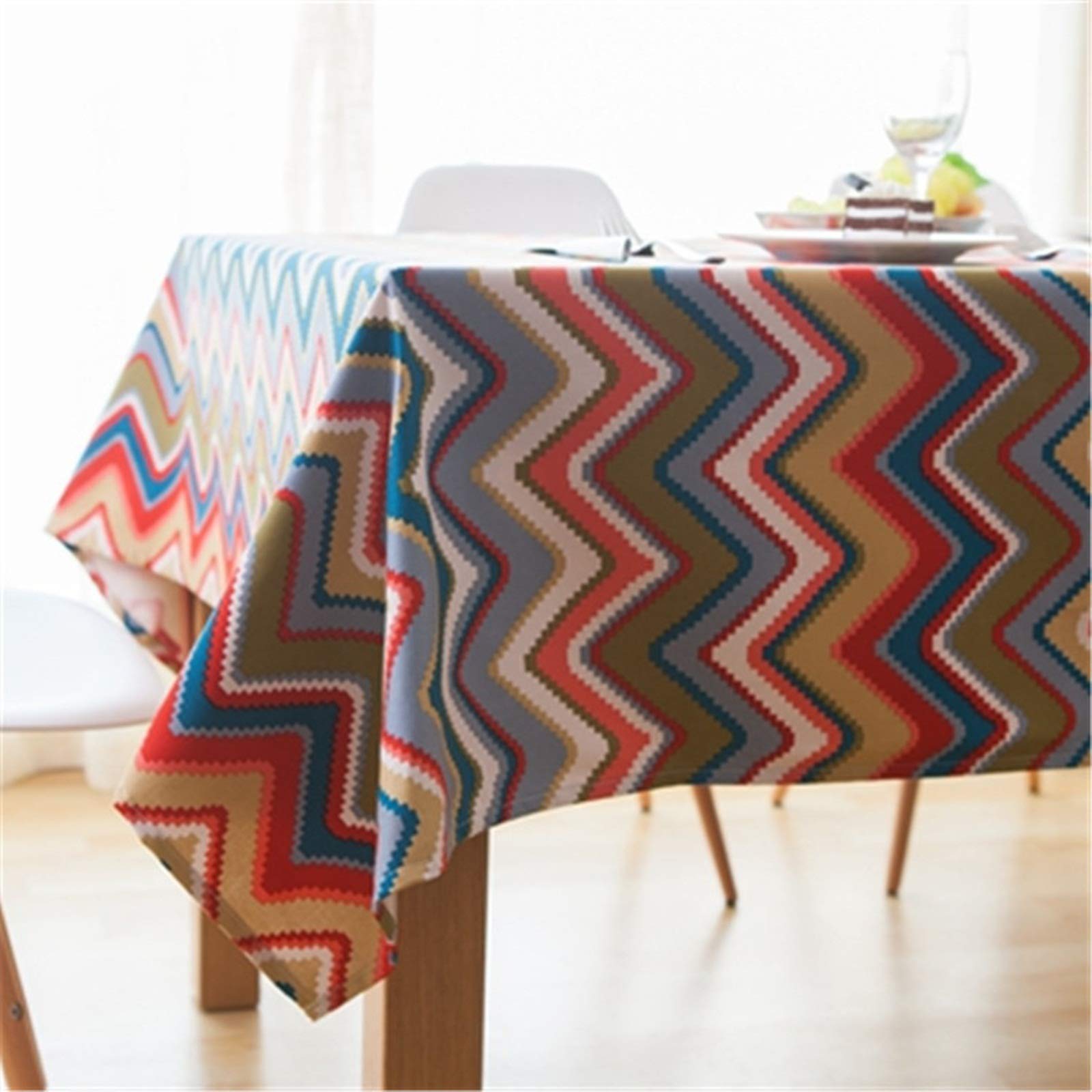 Manteles Mesa Rectangulares 180x180CM,Blanco Azul Rojo Mantel Algodon Mesa Rectangular Patrón de Ondas y Rayas