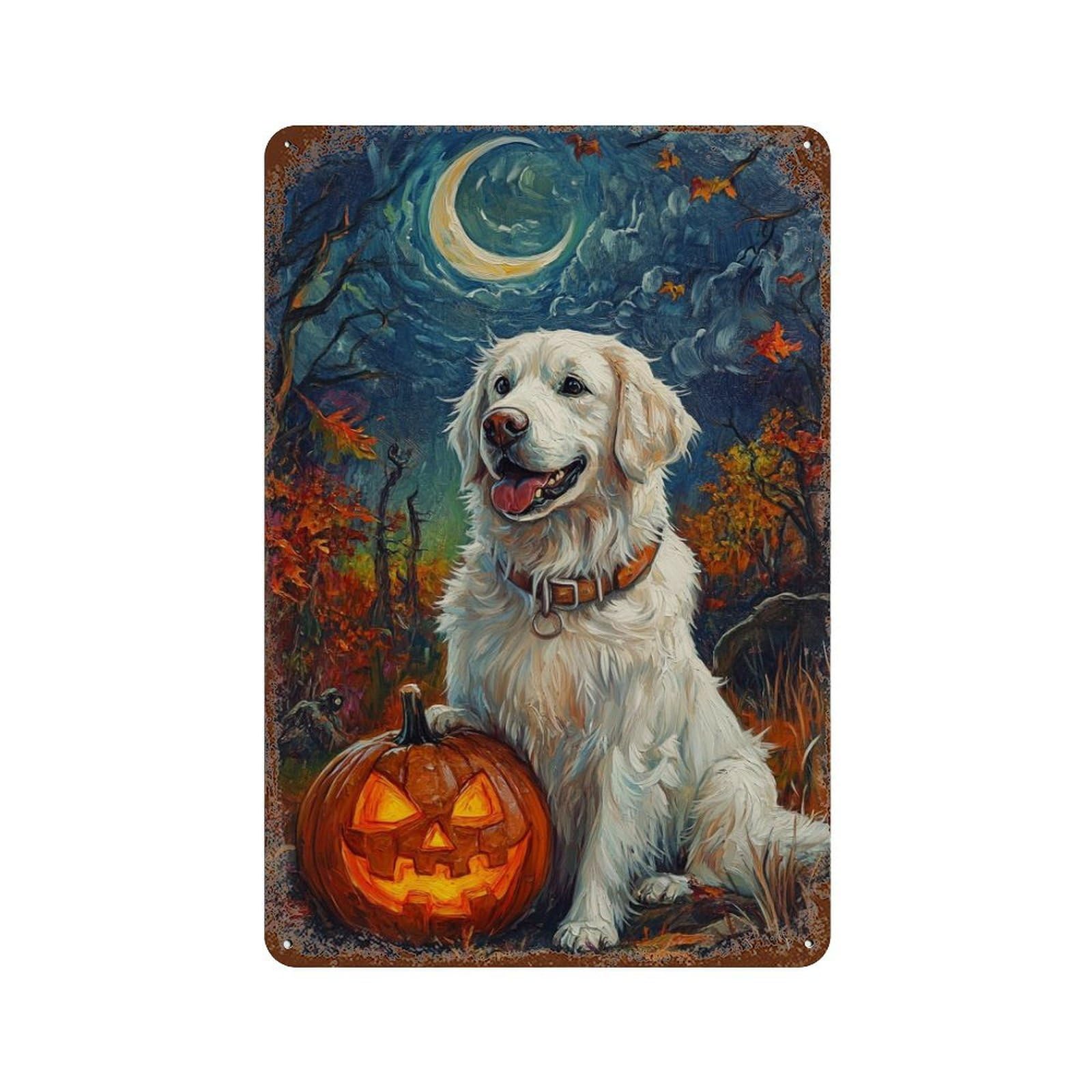Halloween Pumpkin with Dog Rust Effect Tin Sign 11.8"x7.9", Rustic Home Decor for Garage, Pub Or Kitchen